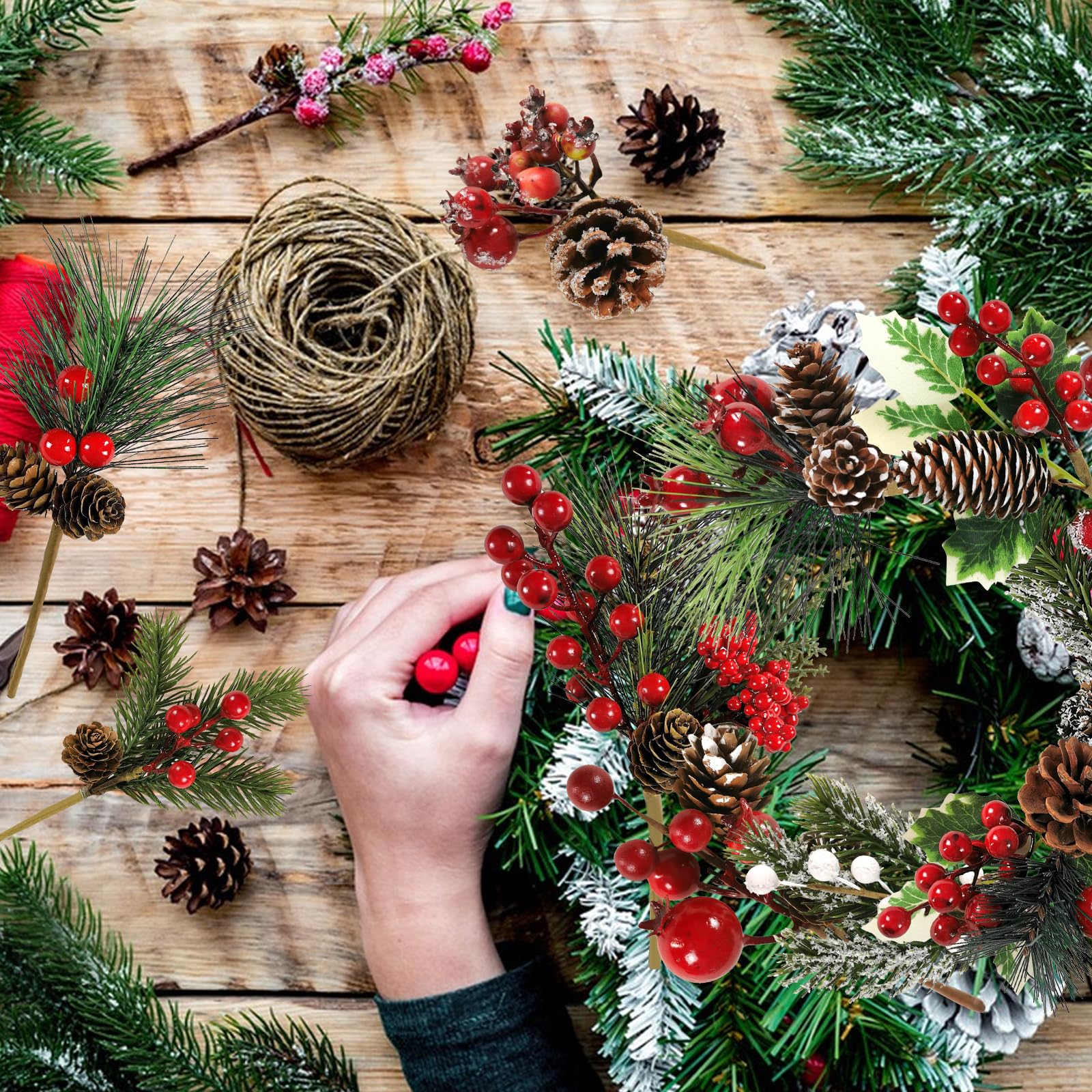 YLSZHY 20 Künstliche Beeren-Zweige Für Weihnachtsdeko - DIY Bastelset Mit Tannenzapfen