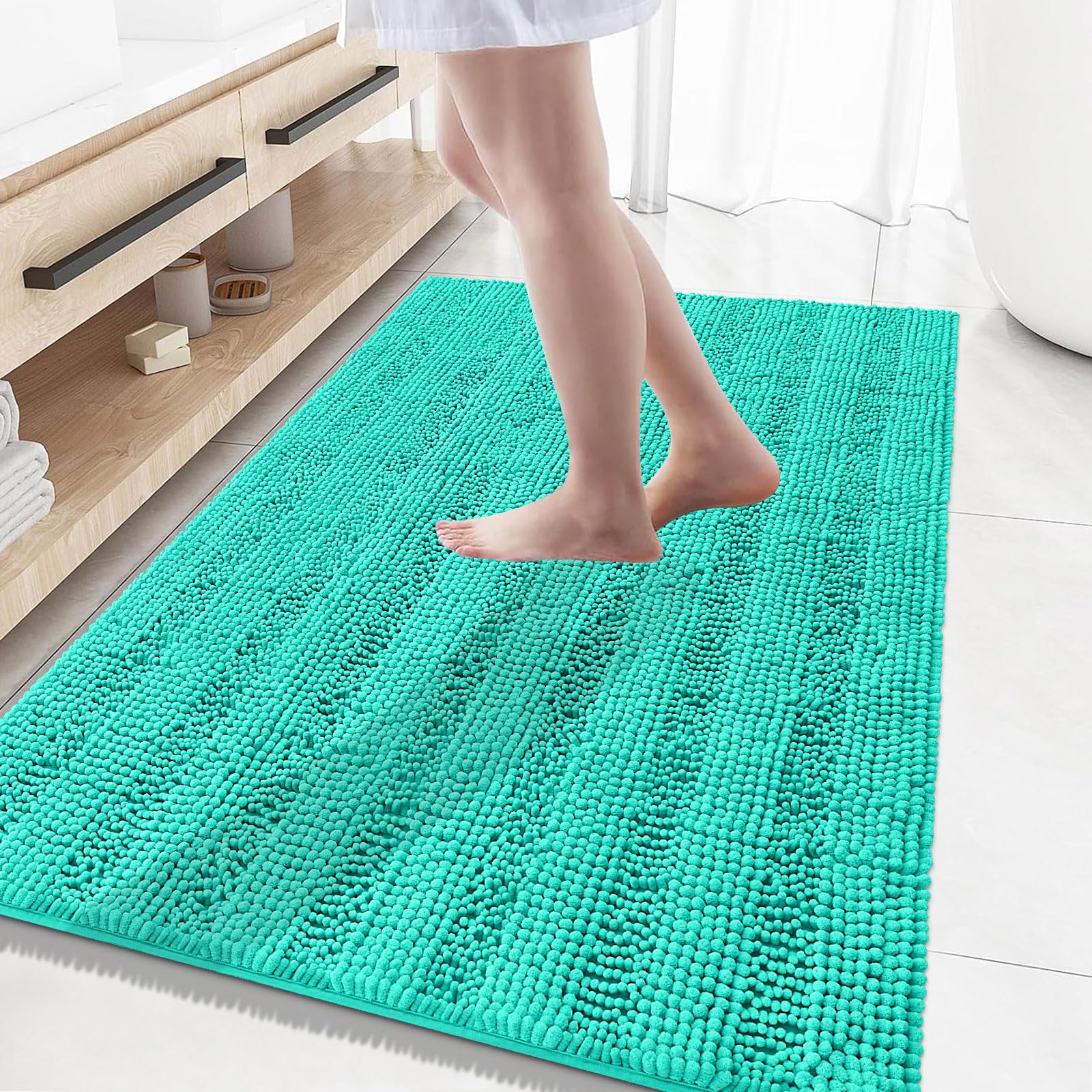 Grandaily Chenille Bathroom Rugs 59x35, Soft Absorbent Bath Mats, Teal