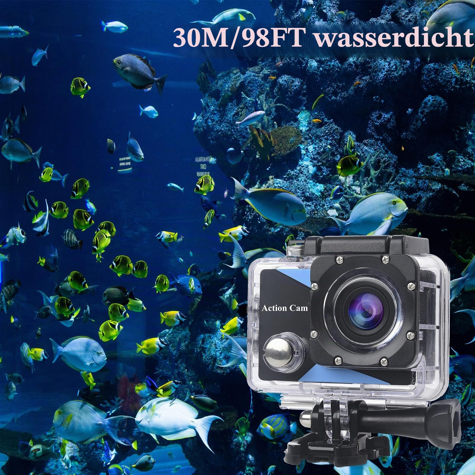 WiFi Action Cam FHD 1080P mit 32GB Speicherkarte, Actionkamera wasserdicht bis 30M, Action Camera mit 2x1050 mAh wiederaufladbare Akkus und Zubehor-Set