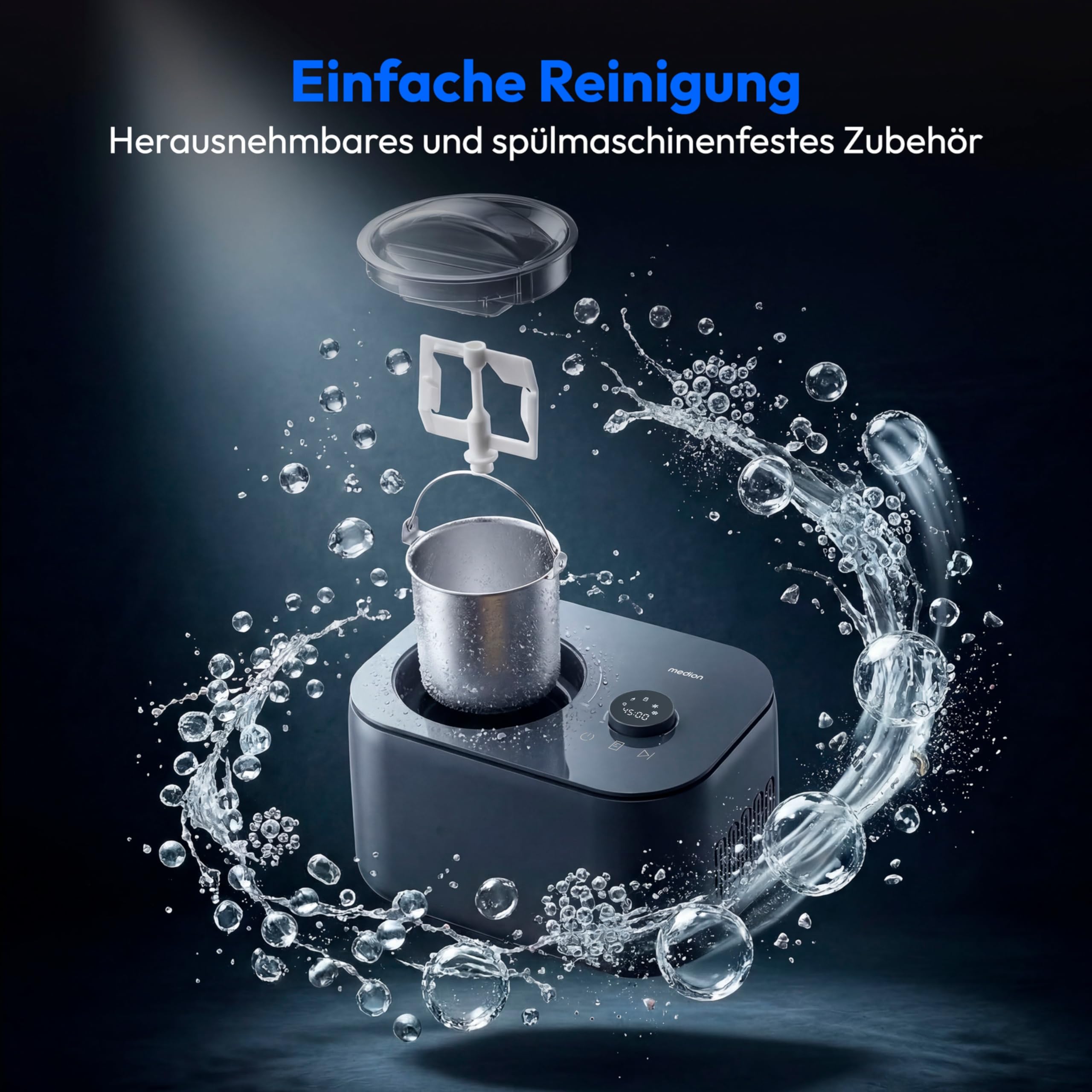 MEDION Eismaschine, Kapazität für 1 L Eis, kein Vorkühlen notwendig, LED-Display mit Sensor-Touch, entnehmbarer Aluminium-Eisbehälter, geeignet für die Zubereitung von Eiscreme, Joghurt und Slush Eis