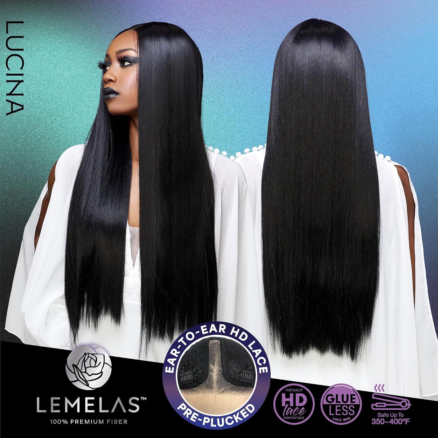 Sensationnel Lemelas Lace Wig - Lucina 5 Inch Deep Parting Glueless Ear to Ear Synthetic with Natural Density Preplucked Hairline (ASTRALBLACK)