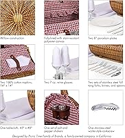 Vista 9 de Picnic TIME Cesta de picnic de mimbre para 2, romántica cesta de mimbre de madera redondeada de estilo inglés con servicio de lujo para 2