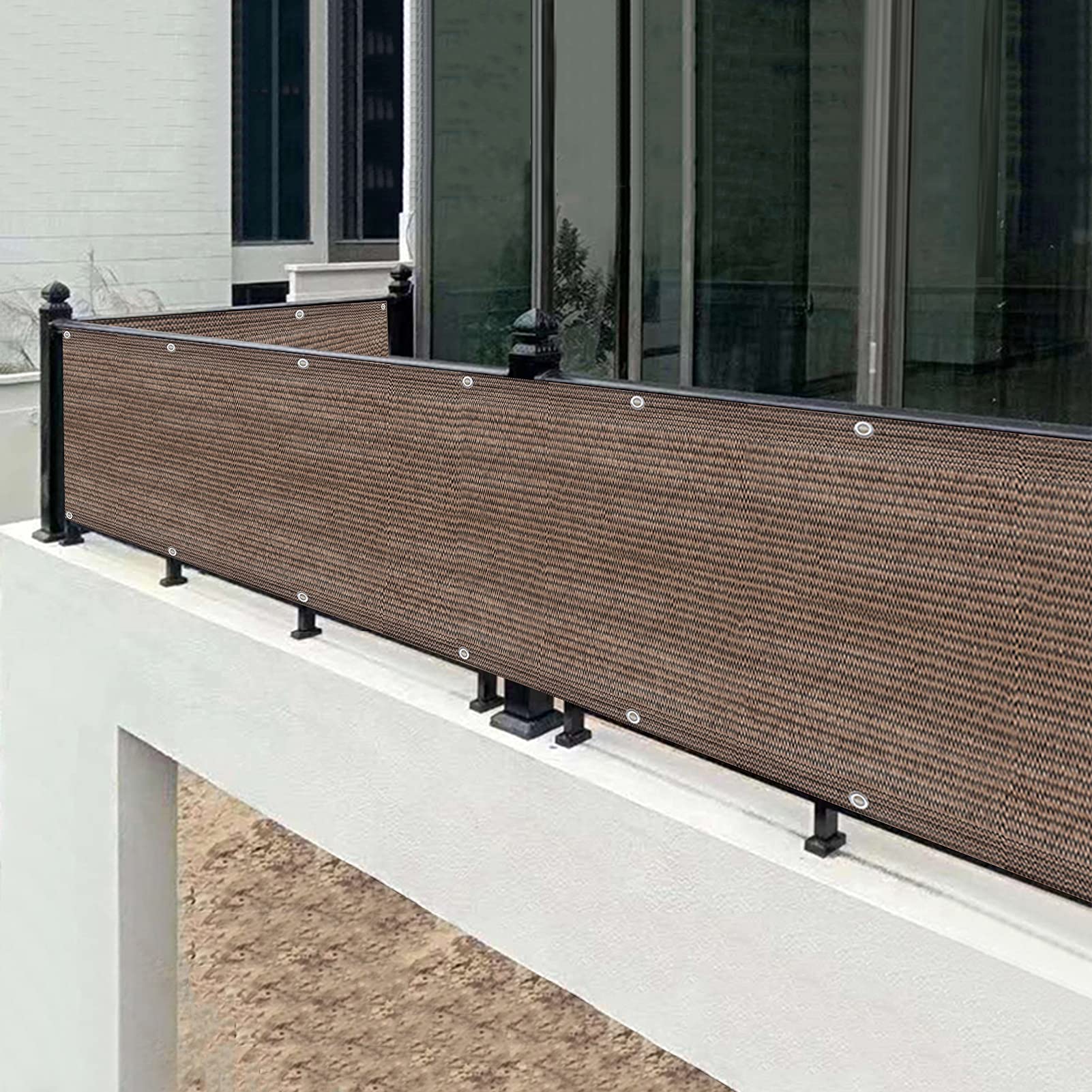 Balkon-Sichtschutzabdeckung, 0,6 x 9 m, multifunktionale Schutzblenden für Höhe 0,6 m, 1 m, Braun, inkl. Kabelbindern, Seilen