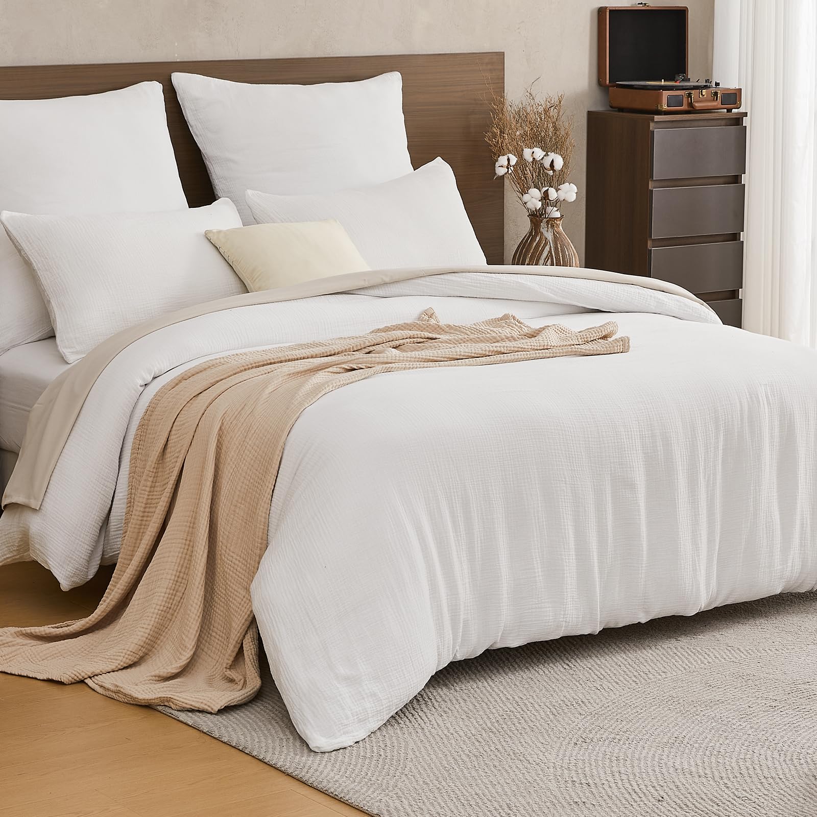 EMME Biancheria da letto estiva in mussola, 100% cotone, copripiumino 135 x 200 cm + federa 80 x 80 cm, colore: bianco Oeko-TEX