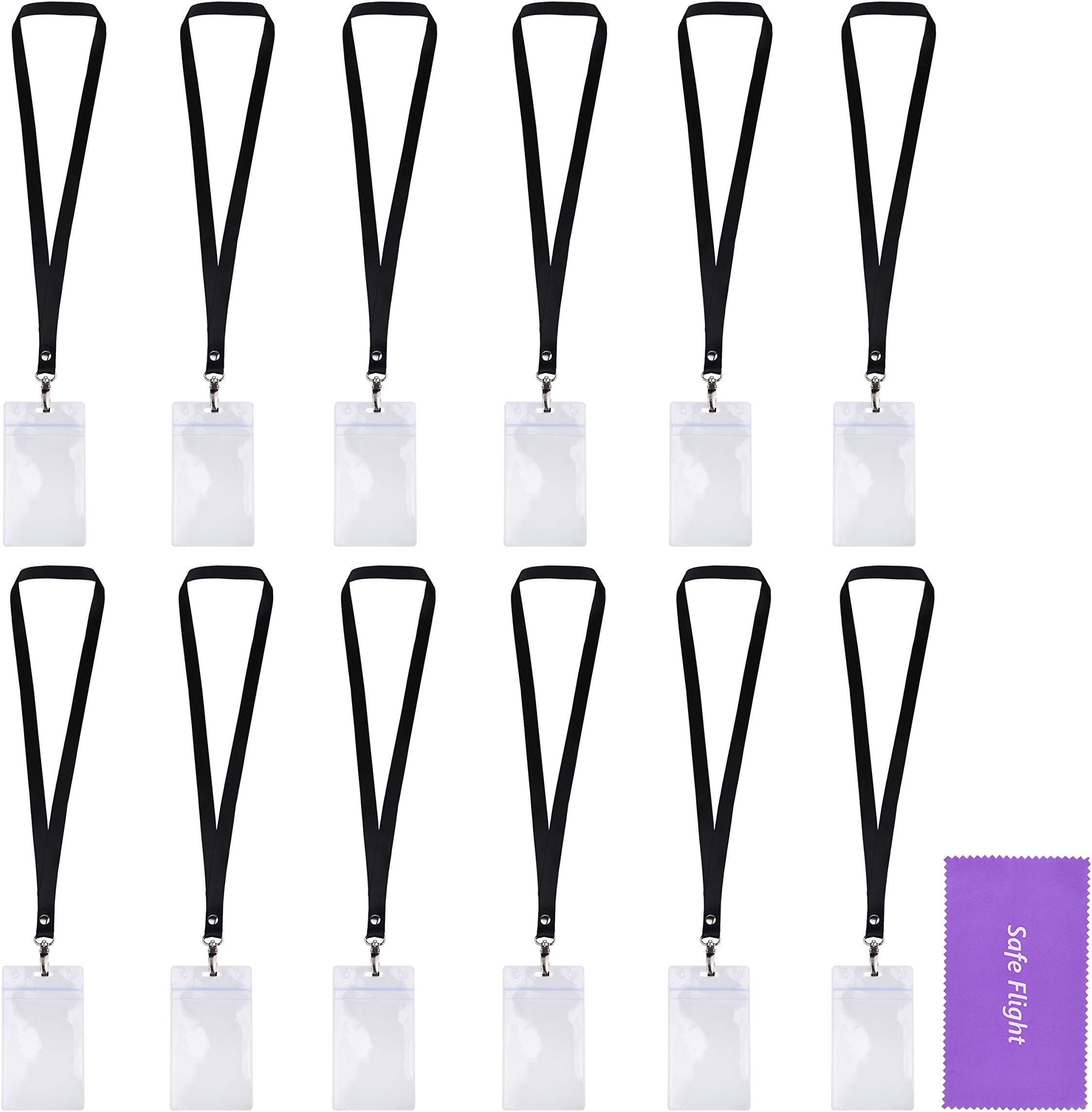 12 Pack (Dozen) Lanyards with Oval Hook and Transparent Badge Holders - Both Sides of The Badge can be Used for Identification. with SafeFlight Cleaning Cloth and Retail Pack