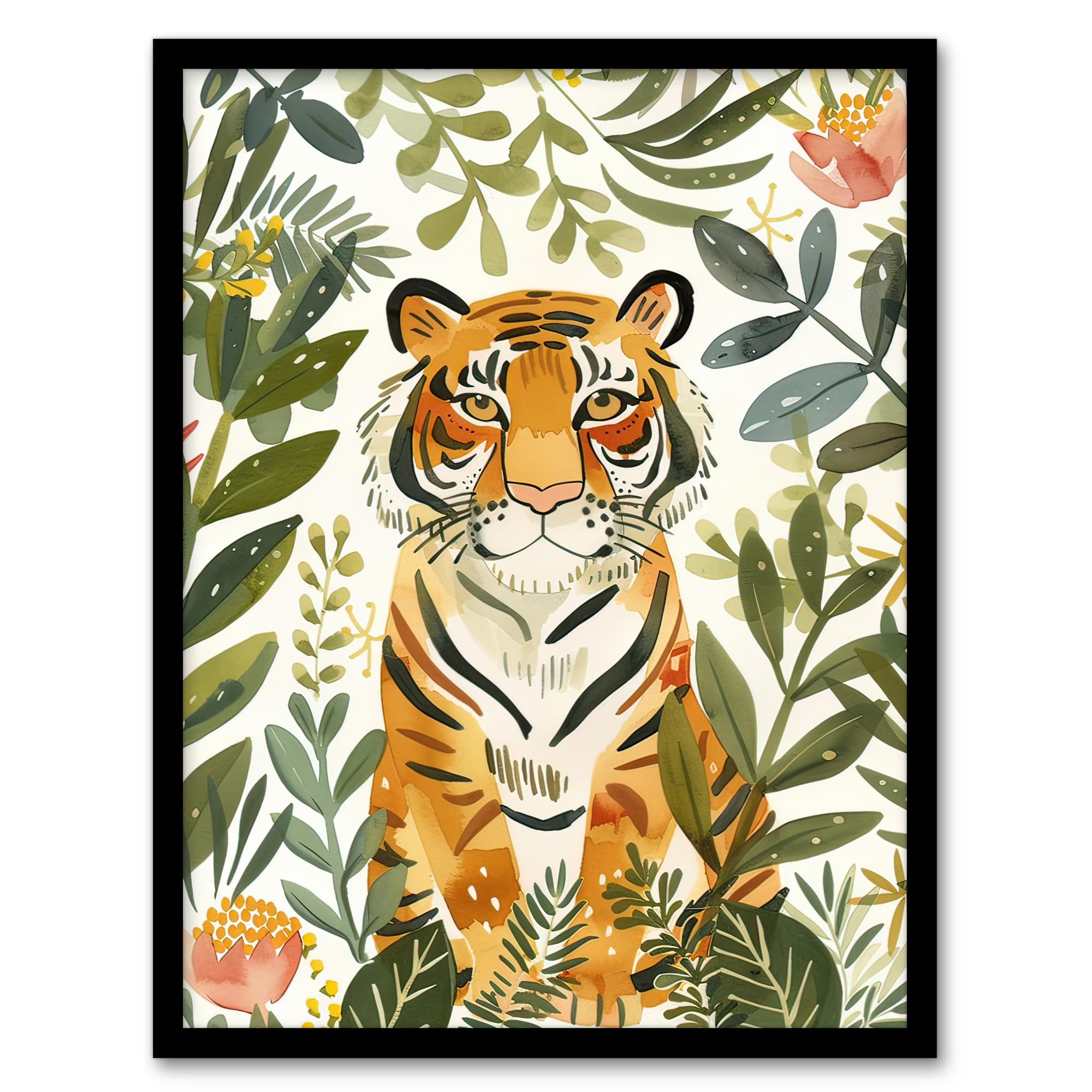 Artery8 Cute Tiger in Floral Tropical Jungle Watercolour Living Room Artwork Framed Wall Art Print 18X24 Inch