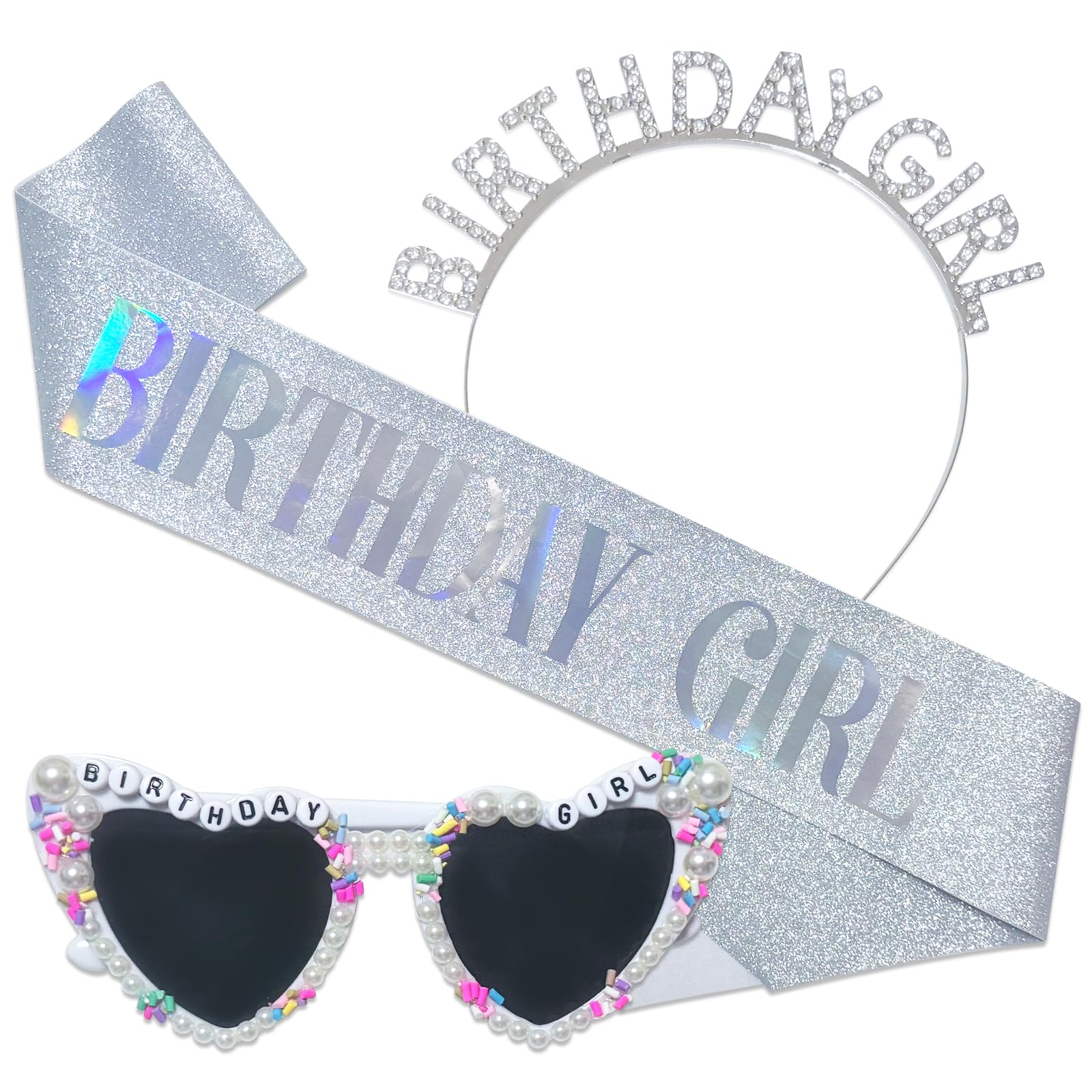 Stiedey Birthday Girl Accessories Kit, Birthday Glitter Pink Sash with Heart Pearl Sunglasses and Sparkling Crystal Headband, Happy Birthday Party Accessories for Girl Women Costume