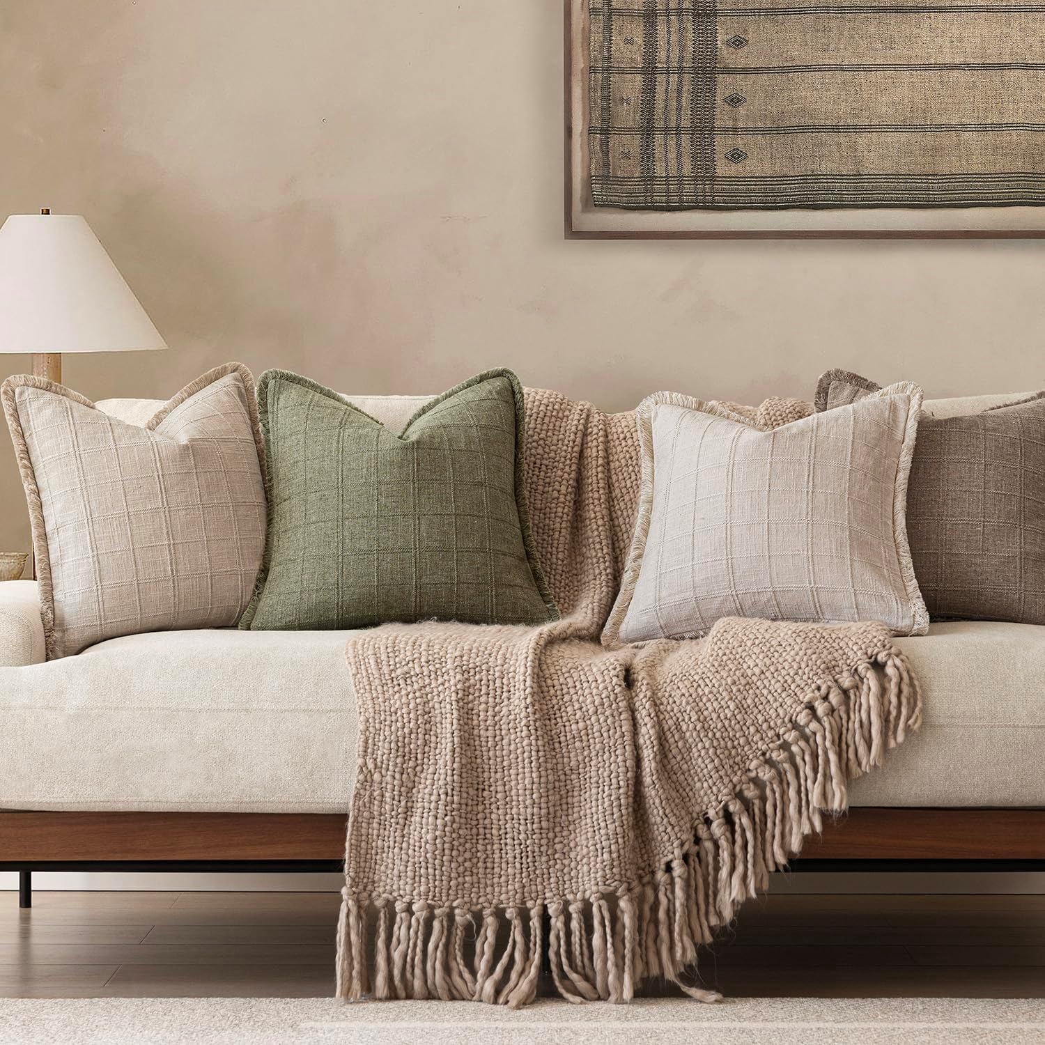 Foindtower Set of 2 Decorative Linen Check Fringe Throw Pillow Covers Farmhouse Vintage Cushion Covers Modern Boho Home Decor for Sofa Chair Couch Bedroom Living Room,22×22 Inch,Sage Green