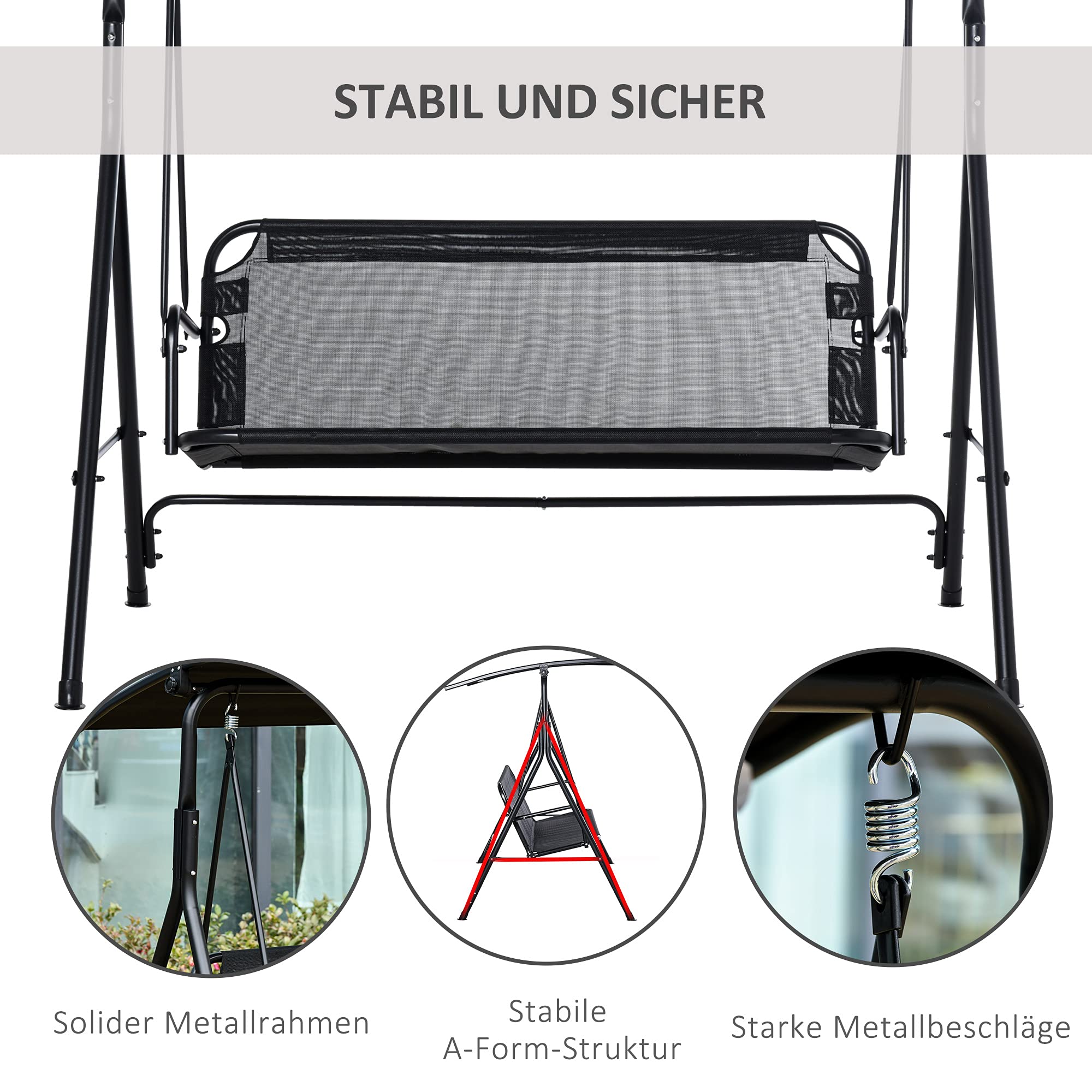 Outsunny 2-Sitzer Hollywoodschaukel Outdoor Gartenliege UV-beständig Hochwertiges Metallrohr winkeleinstellbar Schwarz