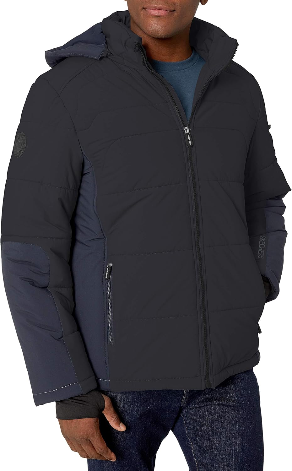 Skechers Men's Warm Puffer Jacket with Hood, Black, XXLarge Amazon