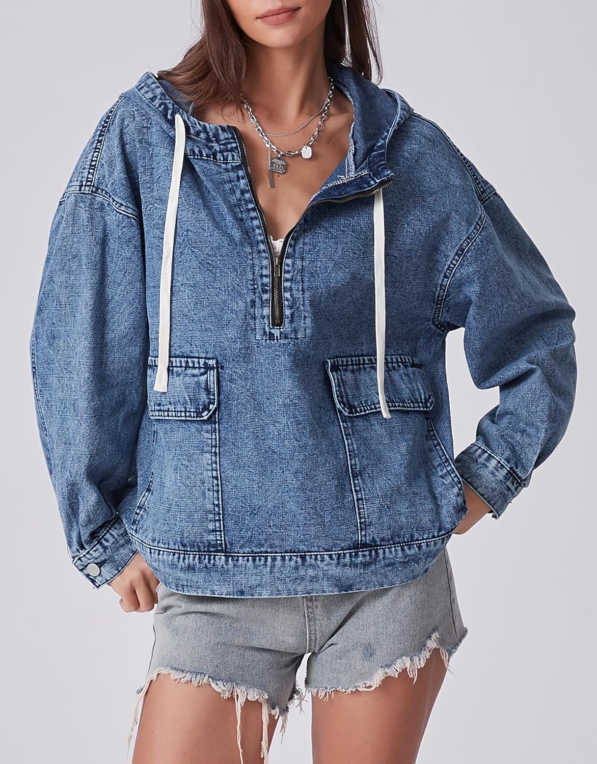 Kedera Women's Denim Hoodie Half Zip Pullover Jacket Jean Oversized Sweatshirt Tops with Pocket - Image 4