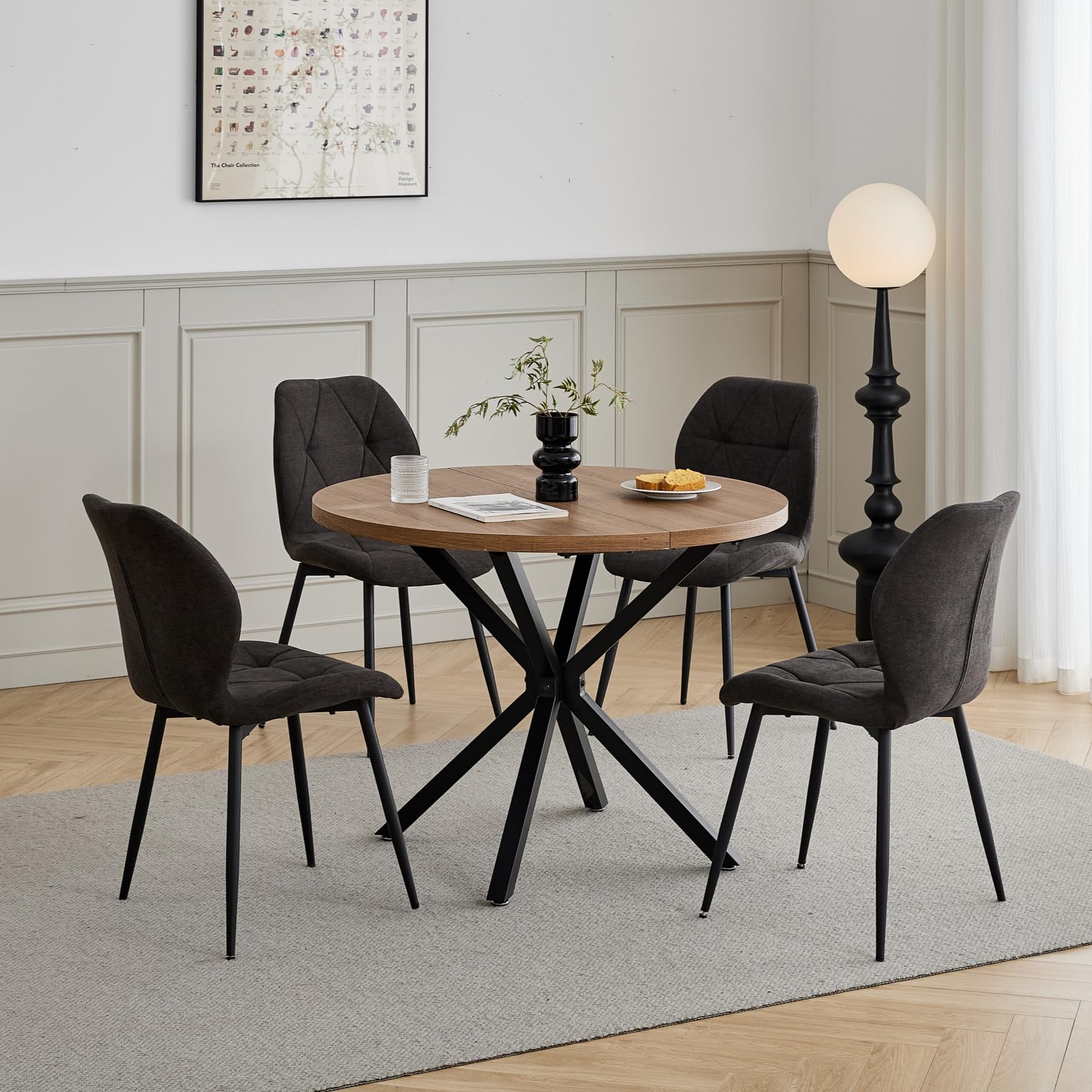 Set di 6 Sedie da Sala da Pranzo, Sedia da Cucina in Tessuto a Quadri di Lino, Sedia Imbottita con Spugna ad Alta Densità, Adatta per Sala da Pranzo, Cucina, Soggiorno, Camera da Letto - Nero
