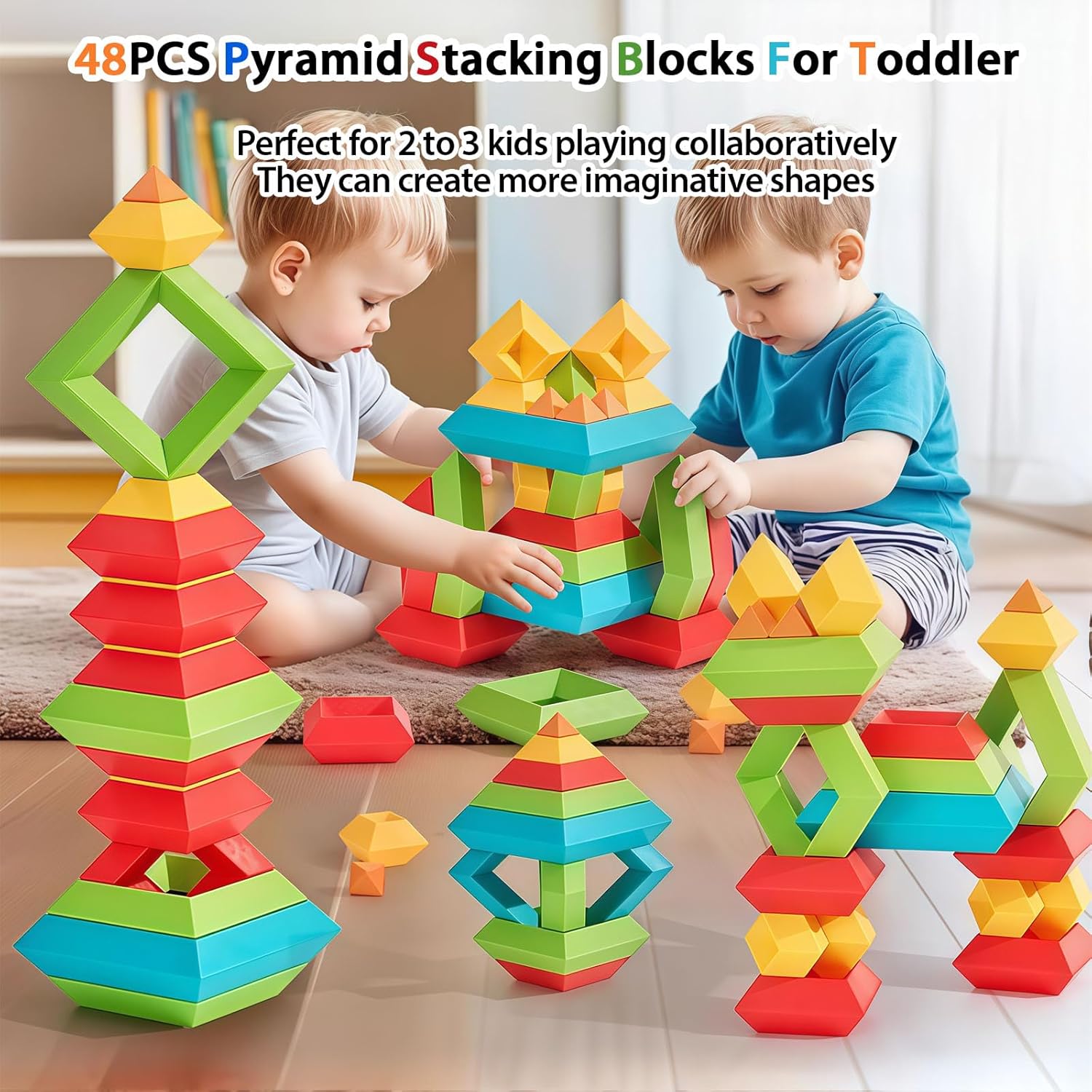 48 PCS Building Block Stacking Toys Kids 3 4 5 6 Year Old, Educational STEM Toys for Boys Girls, Developmental Learning Sensory Gifts for Birthdays