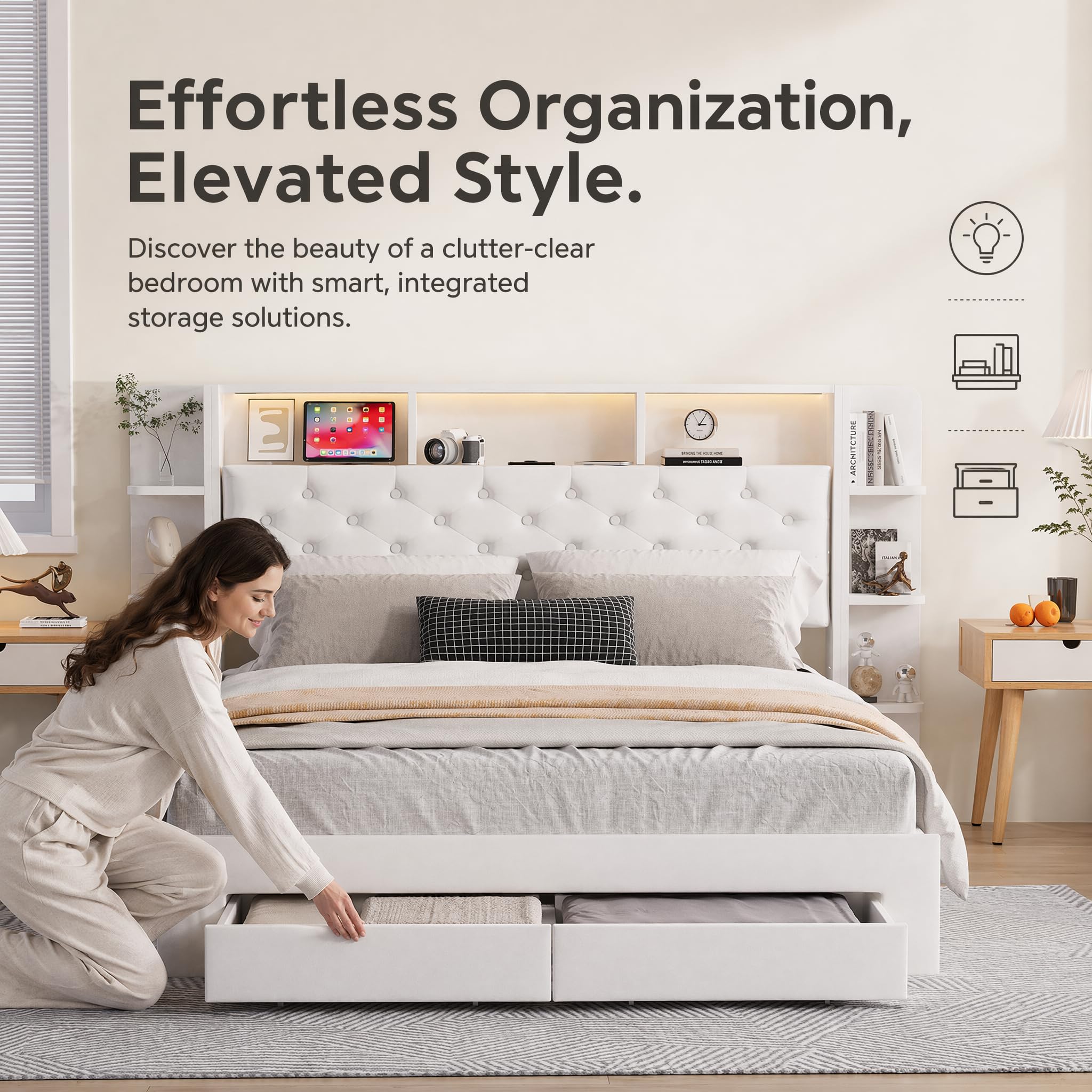 Doppelbett 140 x 200 cm, mit LED, gepolstertes Bett mit Schubladen und USB-Ladeanschluss, Bett mit Aufbewahrung, 140 x 200 cm, Samtstoff, Doppelbett mit USB, ohne Matratze (Weiß, 140 x 200 cm)