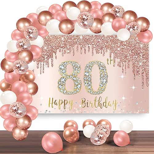 Cartel de feliz cumpleaños número 80 con arco de guirnalda de globos de confeti juego de globos de cumpleaños número 80 para mujer póster rosa de
