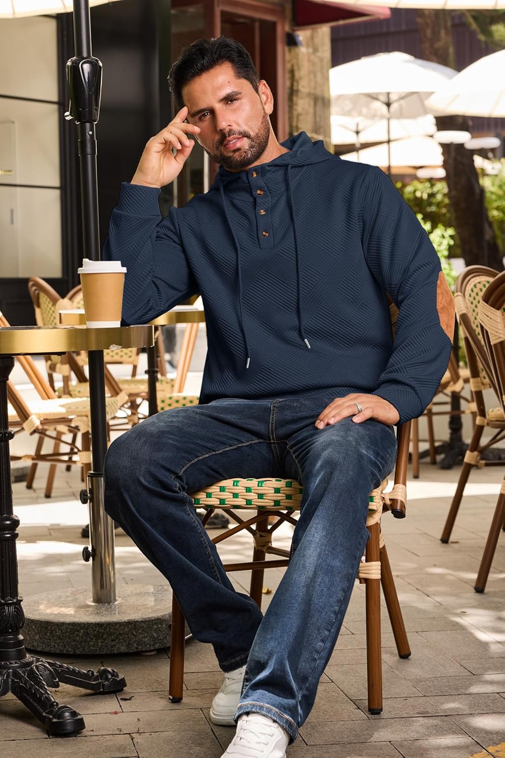 Mens Fashion Pullover Hoodies Long Sleeve Thermal Drawstring Button Texture Hooded Sweatshirt - Image 5