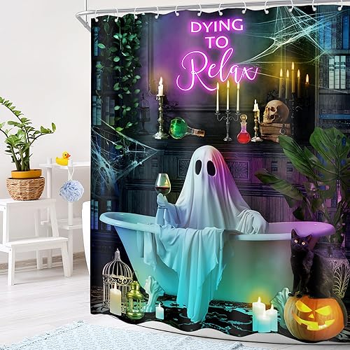 Miniatura 3 de Cinbloo Cortina de ducha divertida de fantasma, de 60 pulgadas de ancho x 72 pulgadas de alto, cortina de ducha de Halloween, fantasma gótico de