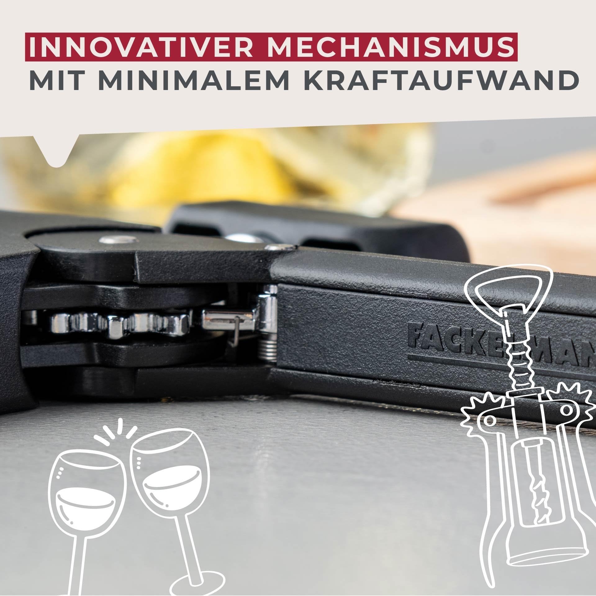 Fackelmann Korkenzieher, 193mm, Ergonomischer Griff, Innovativer Mechanismus, Geeignet für Natur- und Kunststoffkorken, Shadow Black