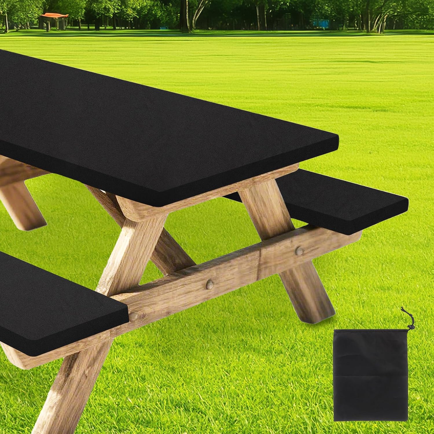 Klmnop Picnic Table Cover with Bench Covers, Elastic Fitted Tablecloths for 6 Foot Rectangle Tables, Stretch Washable Patio Tablecloth for Outdoor Camping and RV(Black, 30"x72")