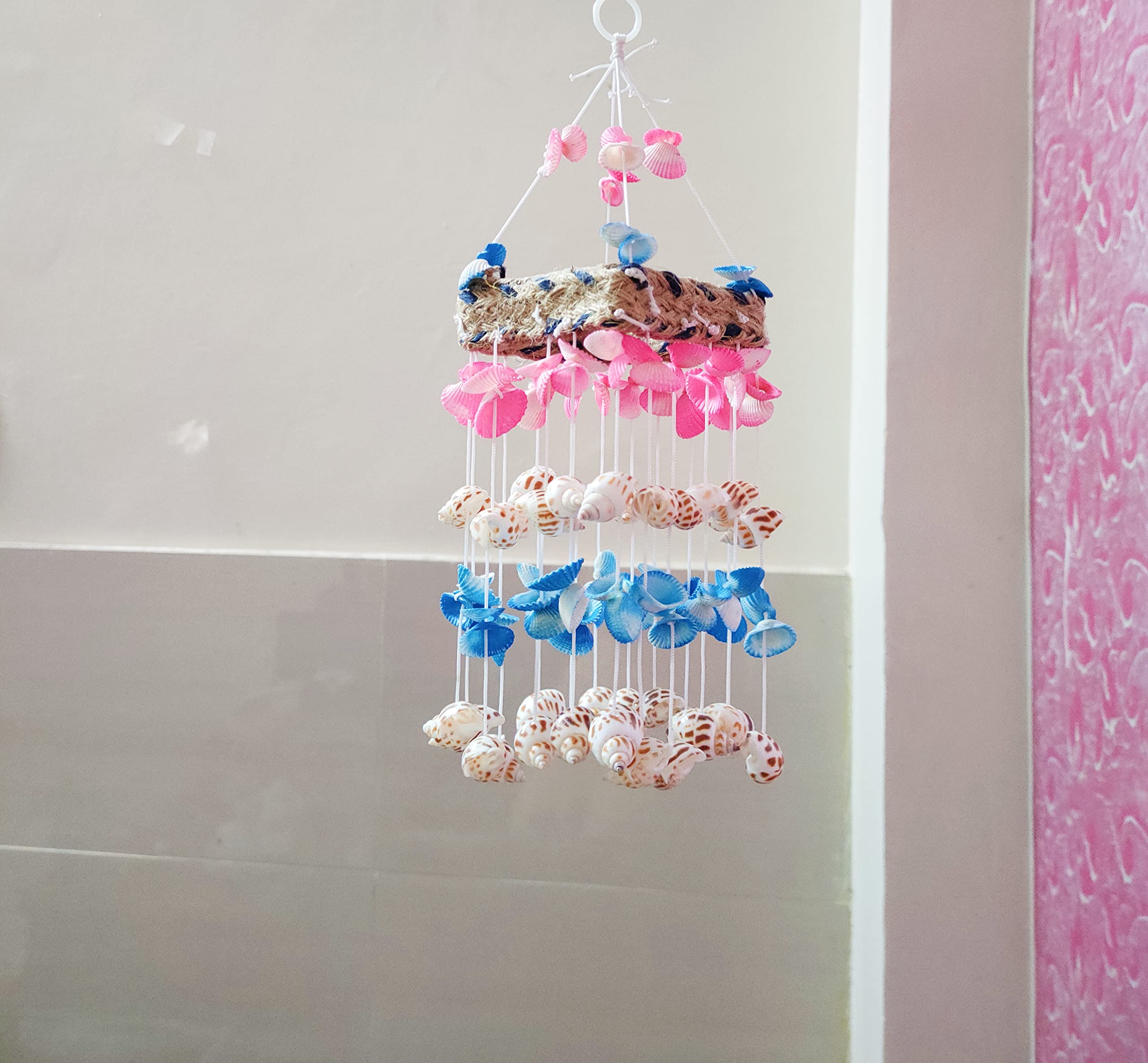 Shellkrafts Multi Color sea Shell Wind Chime Home Garden Balcony Decor Gift Item 12inch (Pink and Blue)