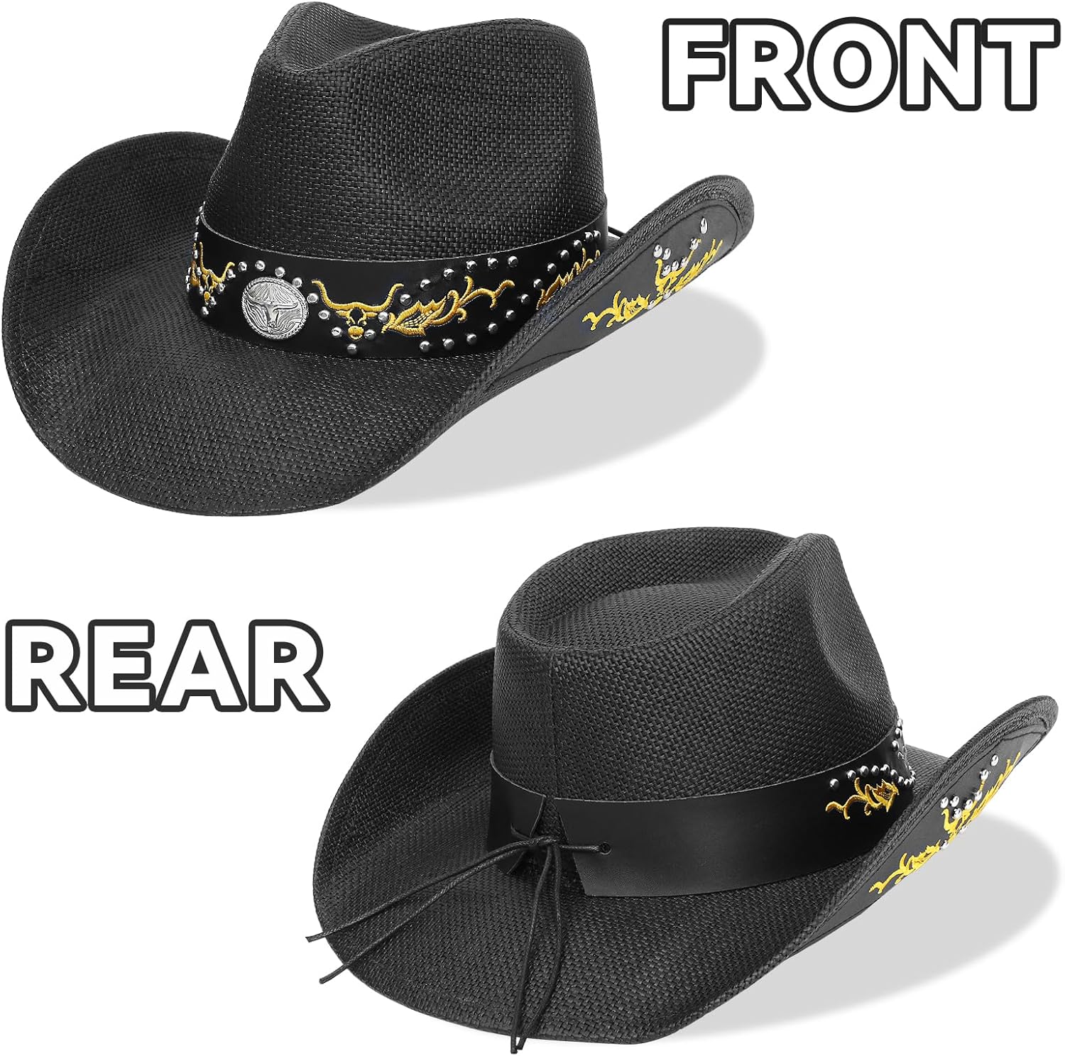 Cowboy Hat,Cowgirl hat,Brown/Black Cowboy Hats for Women Men Straw Wide with Shapeable Brim Cowboy Hat for Womens - Image 4