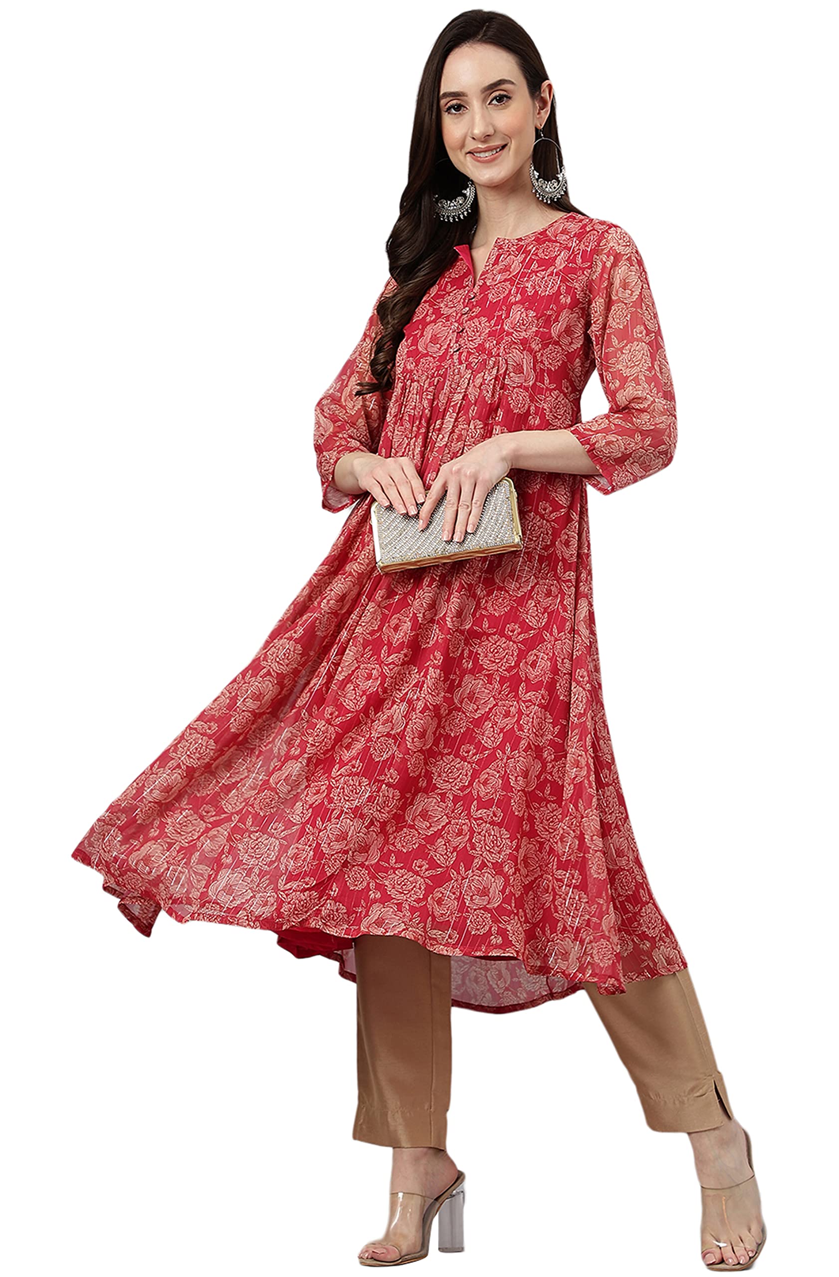 Janasya Women's Chiffon Lurex Floral Printed A-line Kurta product image 2