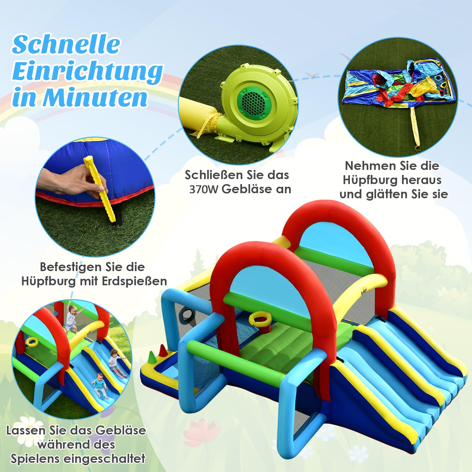 COSTWAY Hüpfburg mit Gebläse, Doppelrutschen, Sprungbereich, Kletterwand, Bällebad, Fußballtor, Basketballkorb, Zielspiel & Ringwurf, Outdoor Hüpfschloss für Kinder, 424 x 300 x 240 cm