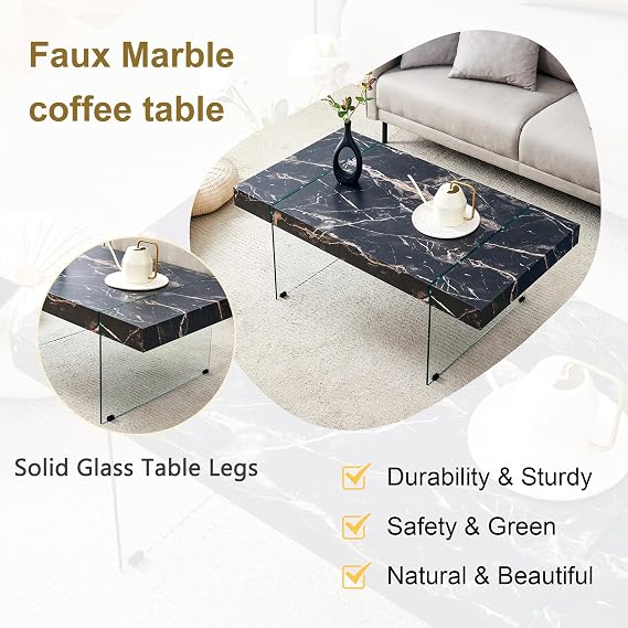 Modern Coffee Table for Living Room,Black Rectangle Coffee Table,43.3 Glass Center Table with Marble Pattern MDF Tabletop and Tempered Glass Legs, Display Stand