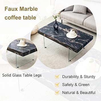 Modern Coffee Table for Living Room,Black Rectangle Coffee Table,43.3 Glass Center Table with Marble Pattern MDF Tabletop and Tempered Glass Legs, Display Stand
