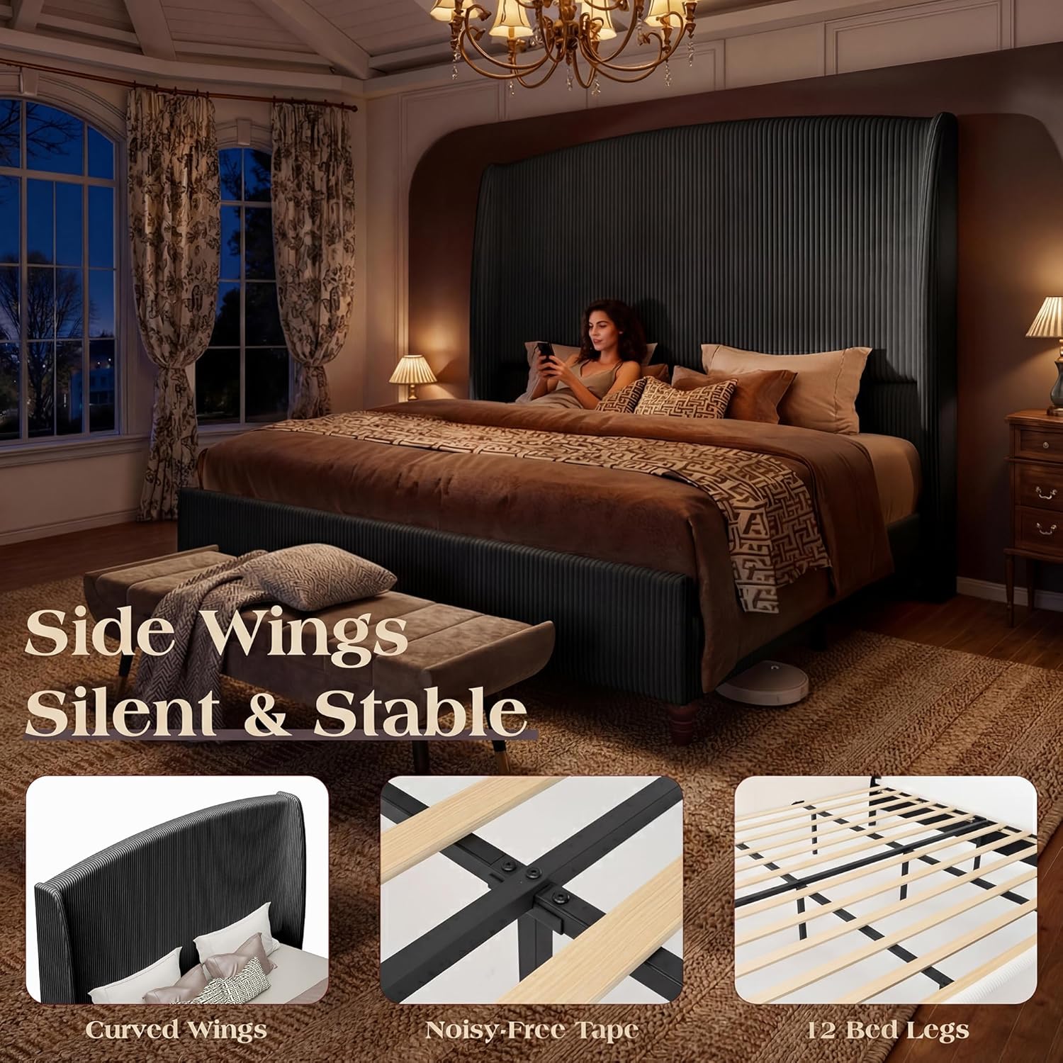 King Size 65.7" Tall Headboard Upholstered Bed Frame with Wingback, Soft Washable Corduroy Beds Cover, Solid Wood Legs, Noise-Free, No Box Spring Needed, Black