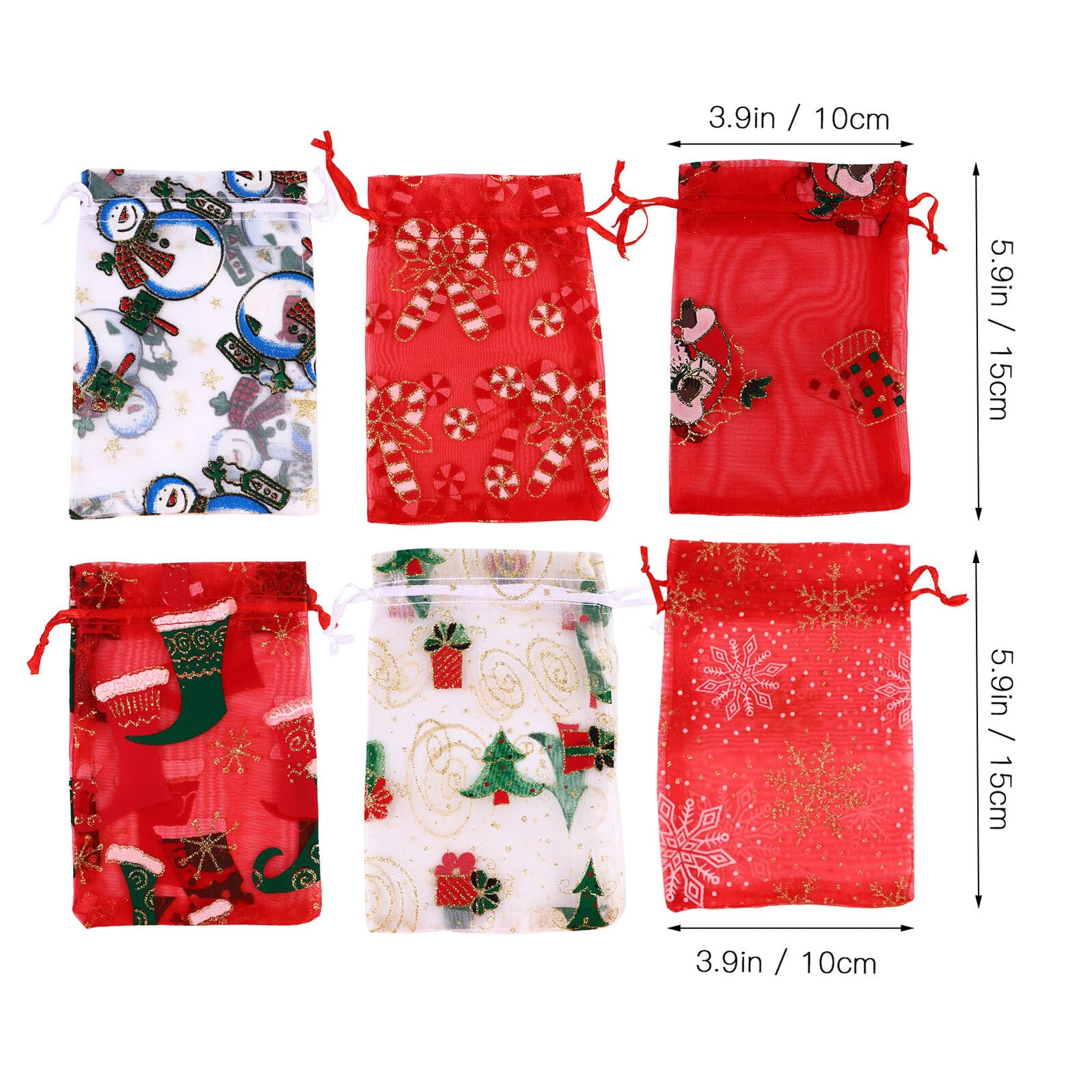 SHOWERORO Bolsas de Organza para Regalos Navideños 50 Unidades 10X15 CM con Cordón Cierre Mezcla 3 Diseños de Copos de Nieve Estrellas Papá Noel y Renos Bolsa para Dulces y Decoración