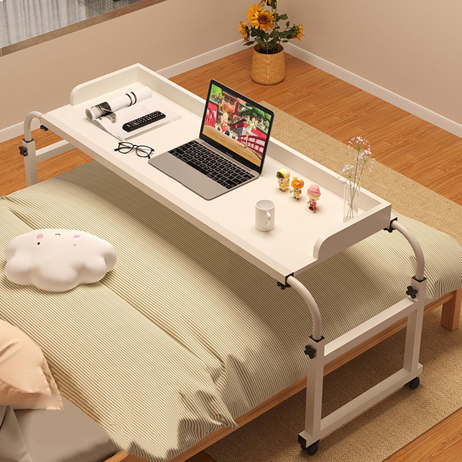GXQFC Over Bed Desk Adjustable 115-210cm, Mobile Bedside Table with 4 Wheels Height Adjustable 65-95cm Computer Desk Standing Workstation for Laptop Study Work Hospital Medical (Color:White)
