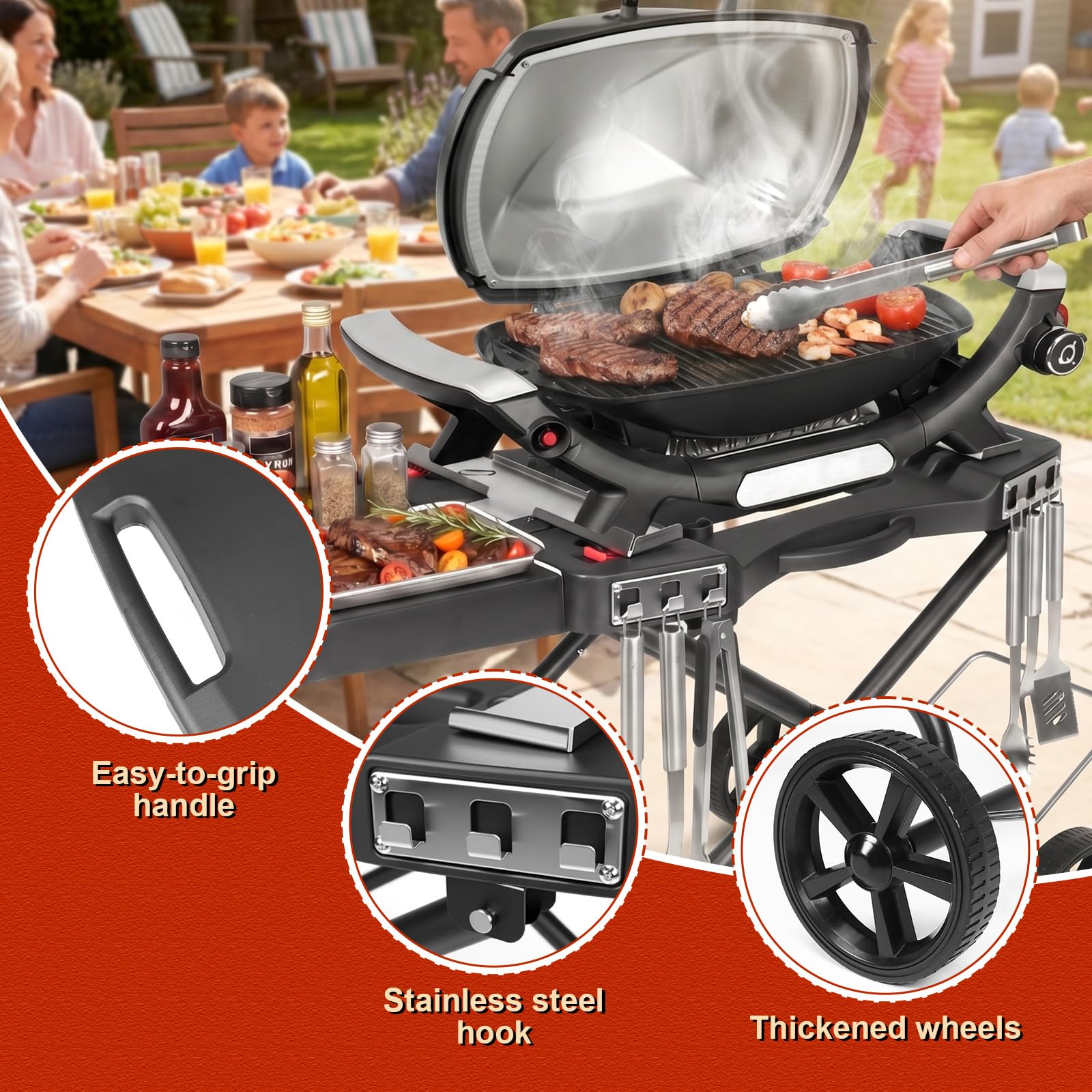 Carro de barbacoa portátil con rueda para Weber Q1200, Q1000, Q2200, Q2000 Serie y Blackstone 43/56 cm, plancha de mesa, soporte plegable