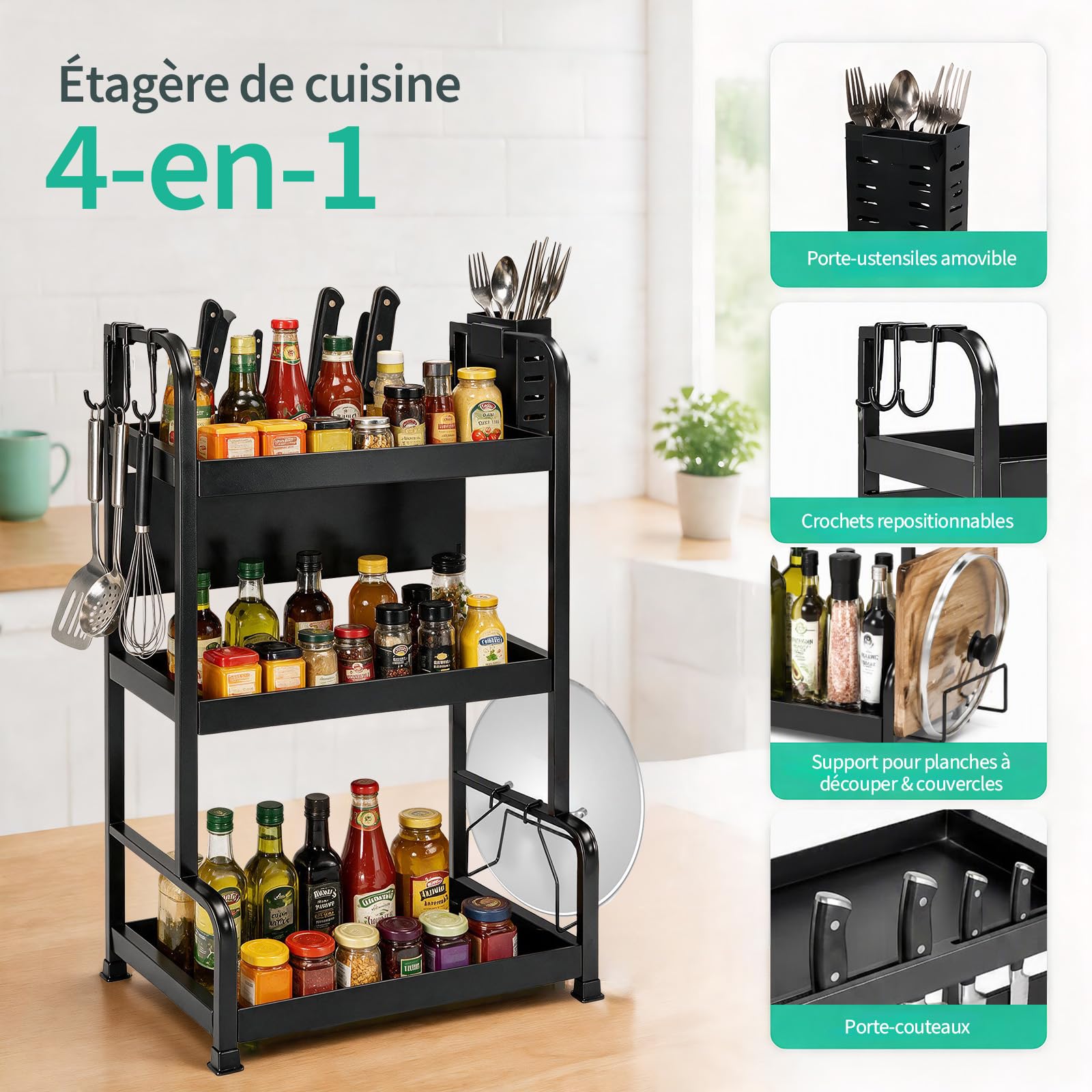 Lubardy Étagère à Épices 3 Niveaux Organisateur Cuisine avec Porte-Couteaux