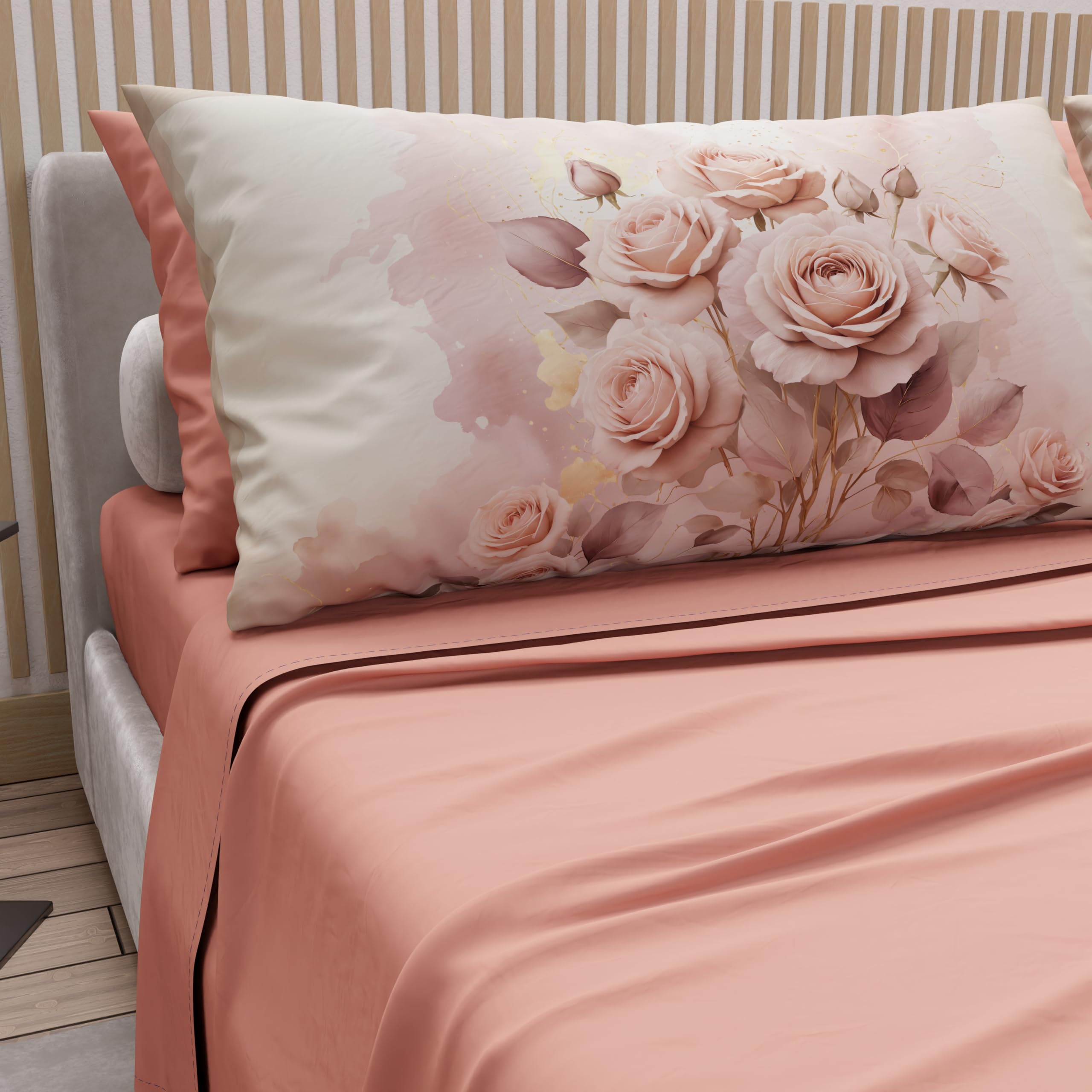 PETTI Artigiani Italiani - Double Bed Sheets Cotton with Pillowcases in Digital Print, Double Bed Sheet, Powder Pink Flower, 100% Made in Italy
