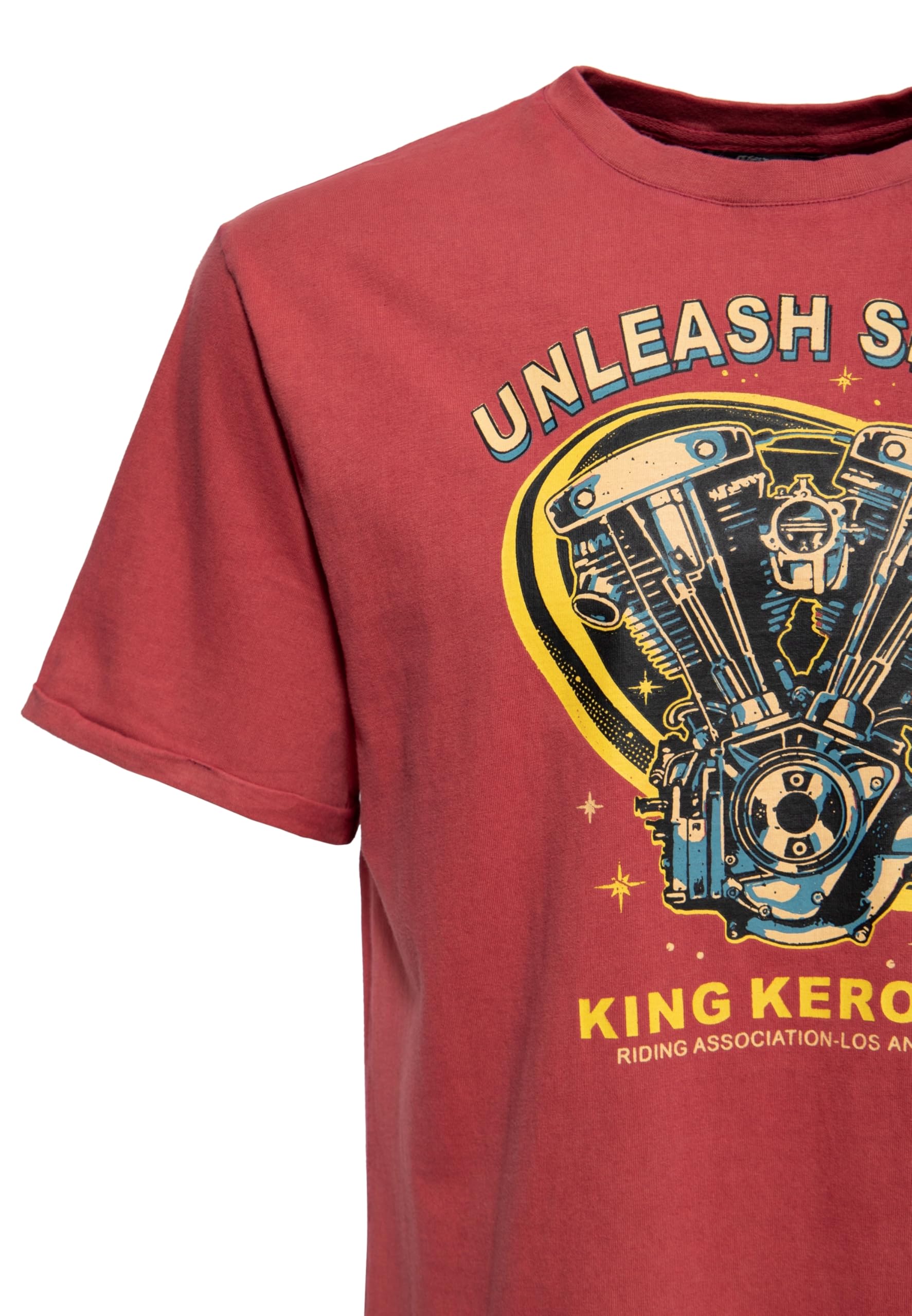 King Kerosin Męska koszulka z nadrukiem, koszulka z krótkim rękawem, okrągły dekolt, używana, gruba, 200 g/m², V-Twin, silnik, vintage, retro, Wasung Unleash Spirit