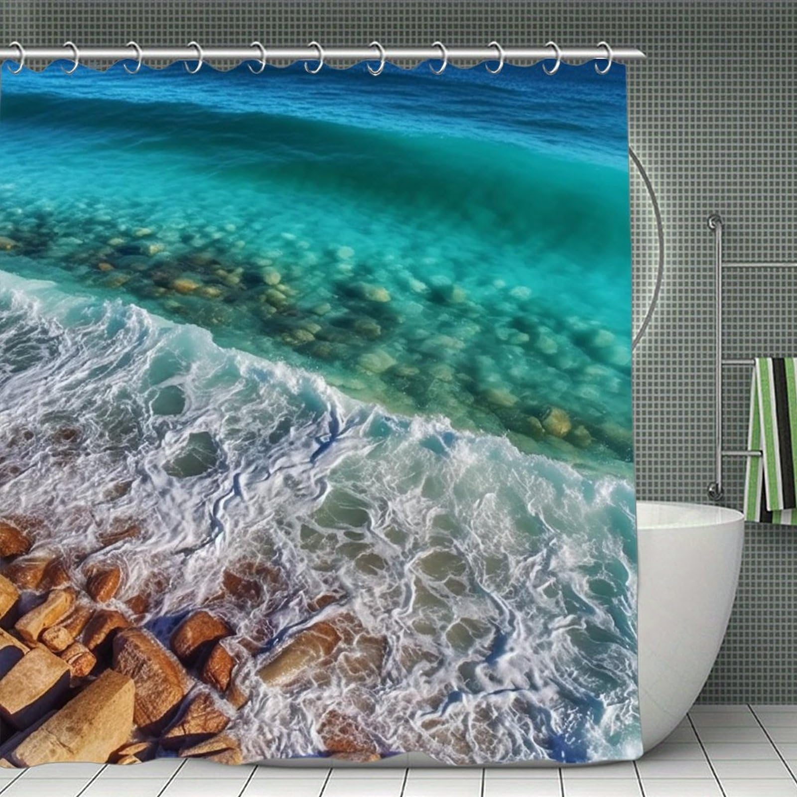 QMNLKH Beach Ocean Waves Shower Curtain with Hooks, Waterproof Bath Curtains for Bathroom, Lightweight Bath Curtains Liner for Hotel, Personalized Bath Curtain for Spa, 70.8 Inch