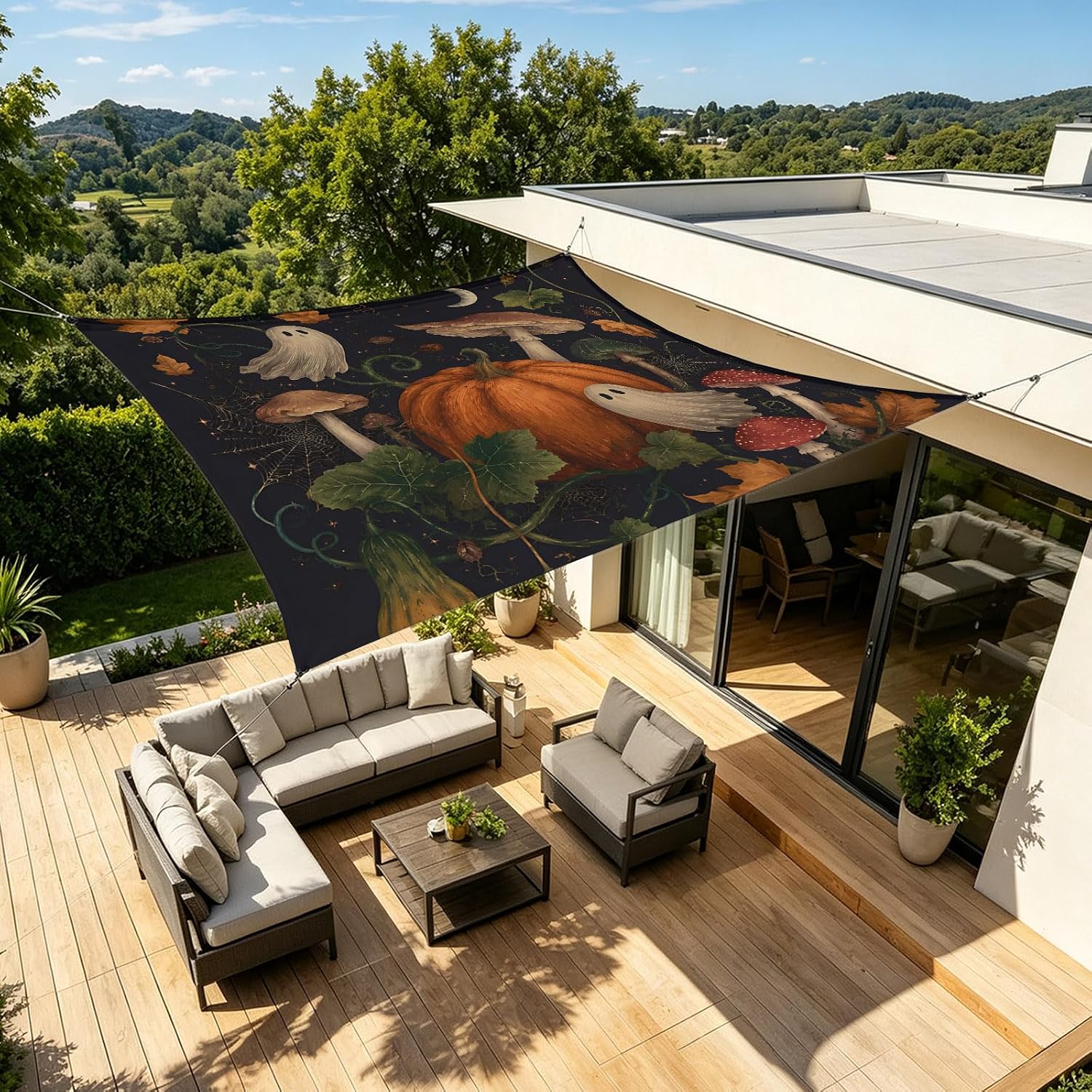 Halloween Sun Shade Sail 6.5'x10' Cute Ghost Rectangle Sun Shade Sails Canopy Waterproof Spooky Mushroom Maple Leaves Outdoor Sunshades Sand UV Block Cover Shade for Patio Backyard Garden Deck Porch image 4