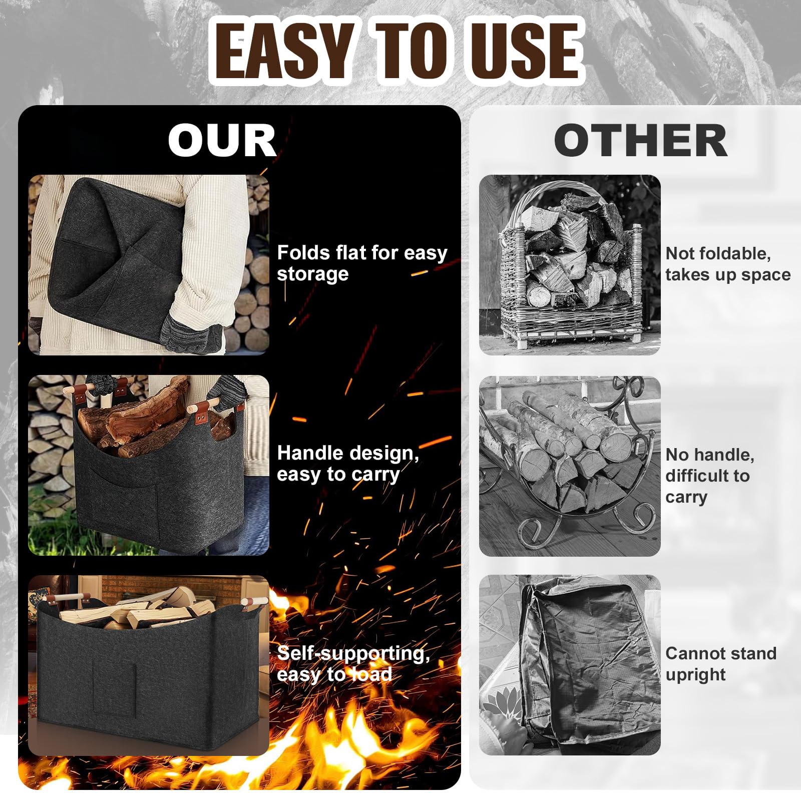 Cesta para Leña 2 Unidades 67L & 96L – Cestas de Fieltro con Asas, 50×32×40 cm & 60×40×40 cm, Bolsa Plegable para Chimenea, Madera, Juguetes o Mantas