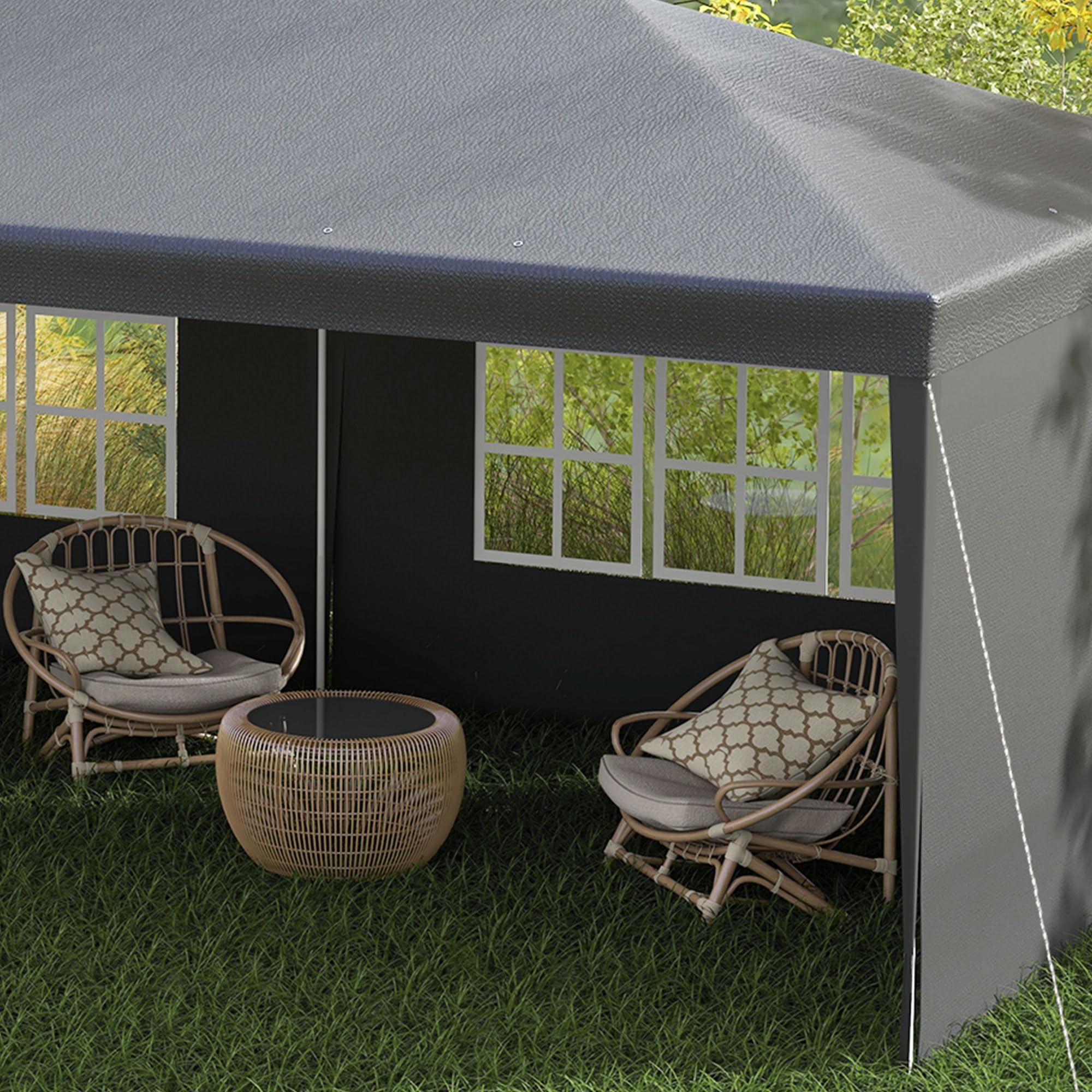 Outsunny Carpa de Jardín 6x3 m Cenador Pabellón de Jardín con 4 Paredes Laterales y 2 Ventanas Visibles, Marco de Acero, Anti-UV, Impermeable, Gazebo para Patio, Exterior, Camping, Gris Oscuro