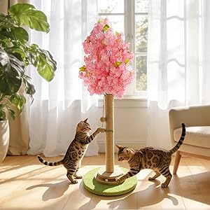 Cherry Blossom Cat Scratching Post, 36" Tall Natural Sisal Sturdy Base Tower with Interactive Trackball Toy for Indoor Kittens & Large Felines, Japanese Aesthetic Floral Furniture Decor
