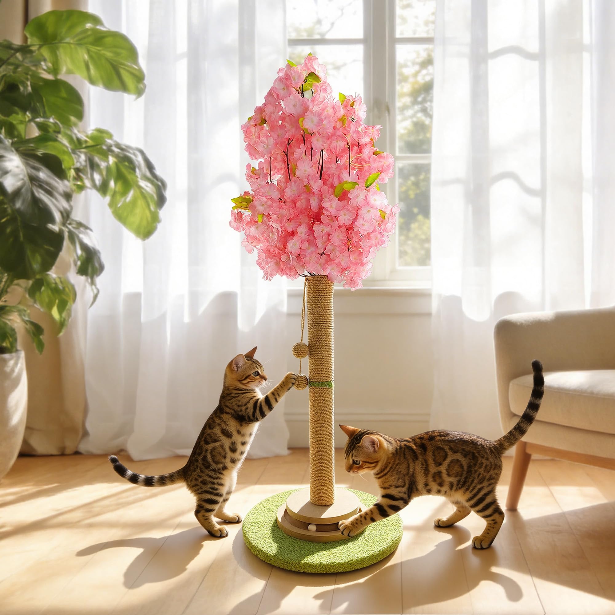 Kirschblüten-Kratzbaum, 91 cm hoch, natürlicher Sisal, stabile Basis, Turm mit interaktivem Trackball-Spielzeug für Indoor-Kätzchen und große Katzen, japanische ästhetische