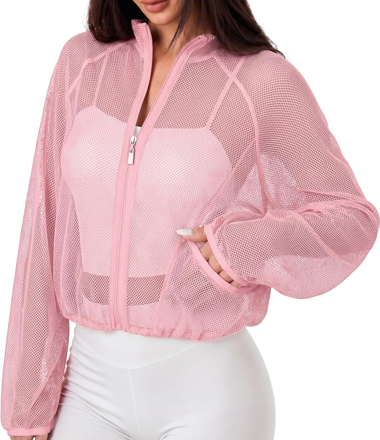 Remidoo Sheer Mesh Workout Jacket Women Zip Up Long Sleeve Gym Shirt