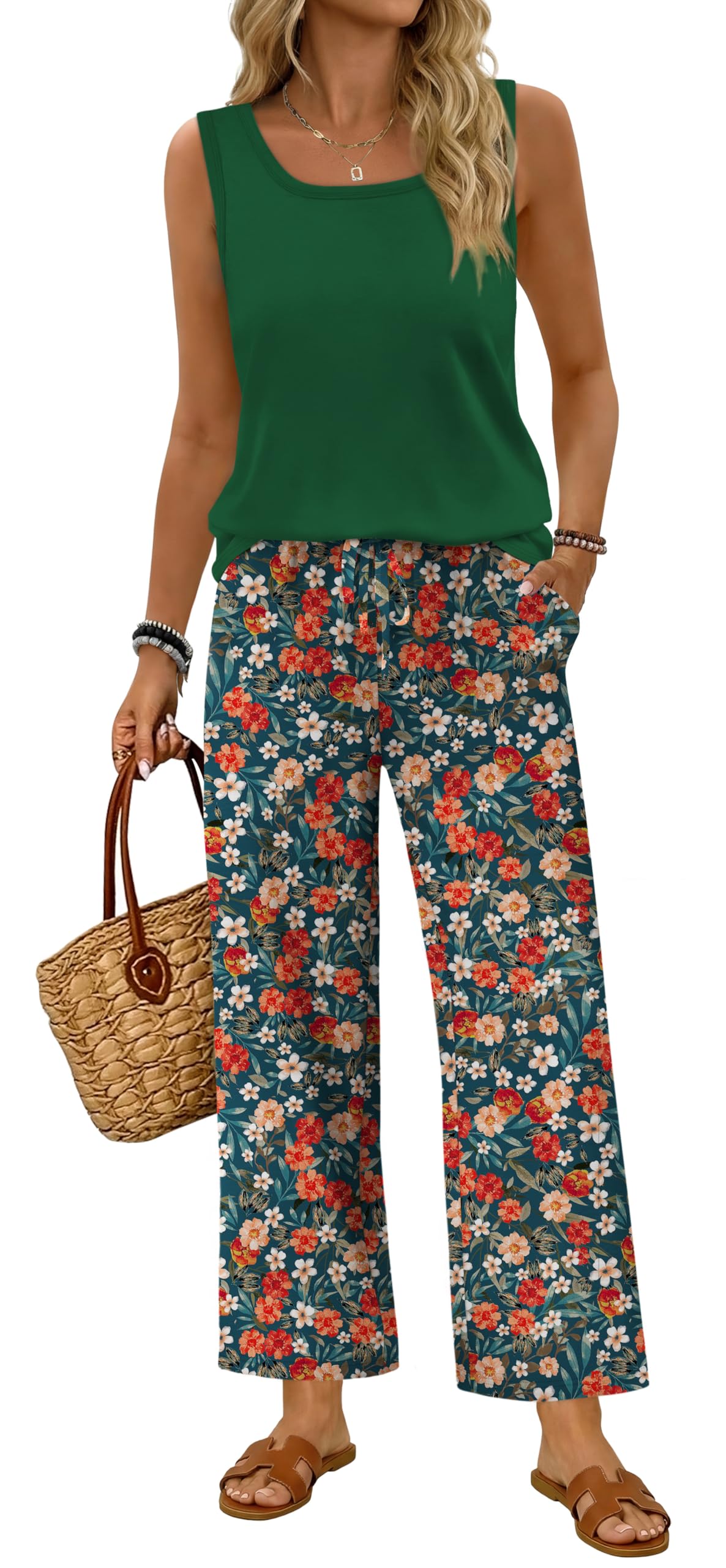 WIHOLL Two Piece Sets for Women Summer Spring Outfits Tank Square Neck Sleeveless Travel Vacation Lounge Wide Leg Pants Set — view 10