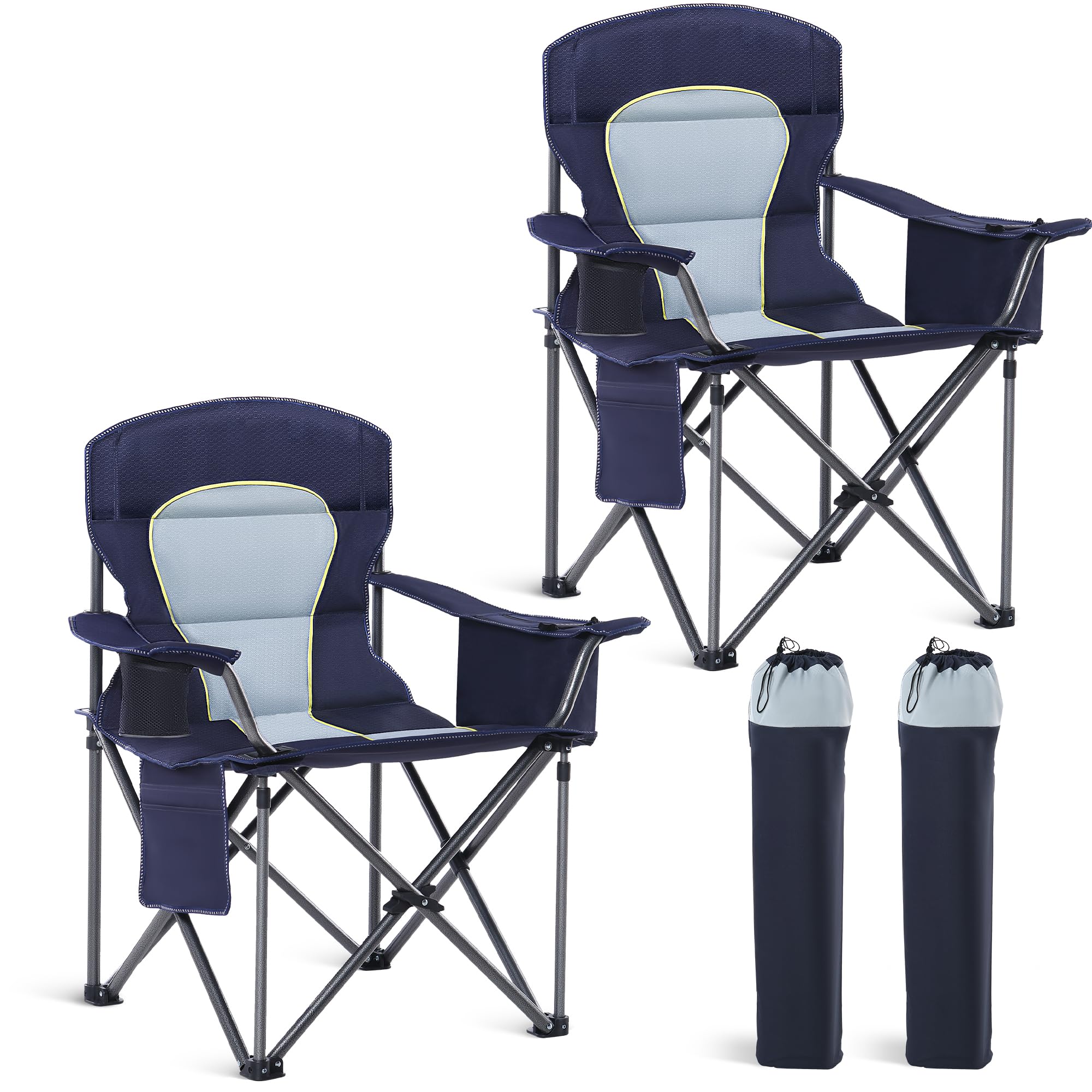 HIGH POINT SPORTS Campingstuhl Faltbar 2er Set 200kg Klappstuhl Gepolstert mit Getränkehaltern Faltbarer Angelstuhl XXL mit Armlehnen Outdoorstuhl (Blau und Weiß)
