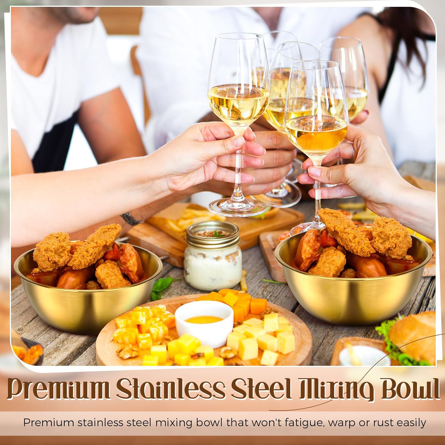 Nuogo 6 Pack 6.69 Inches Gold Stainless Steel Mixing Bowls with Airtight Lids Stackable Metal Serving Esthetician Facial Bowls for Salad, Fruit, Soup & Kitchen Prep