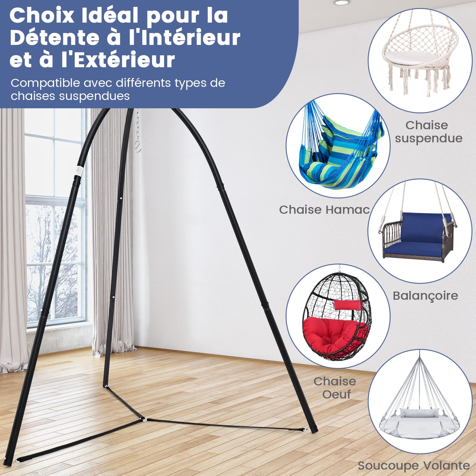COSTWAY Support Fauteuil Suspendu Métal Pivotant 200 KG Chaîne Suspension Intérieur Extérieur