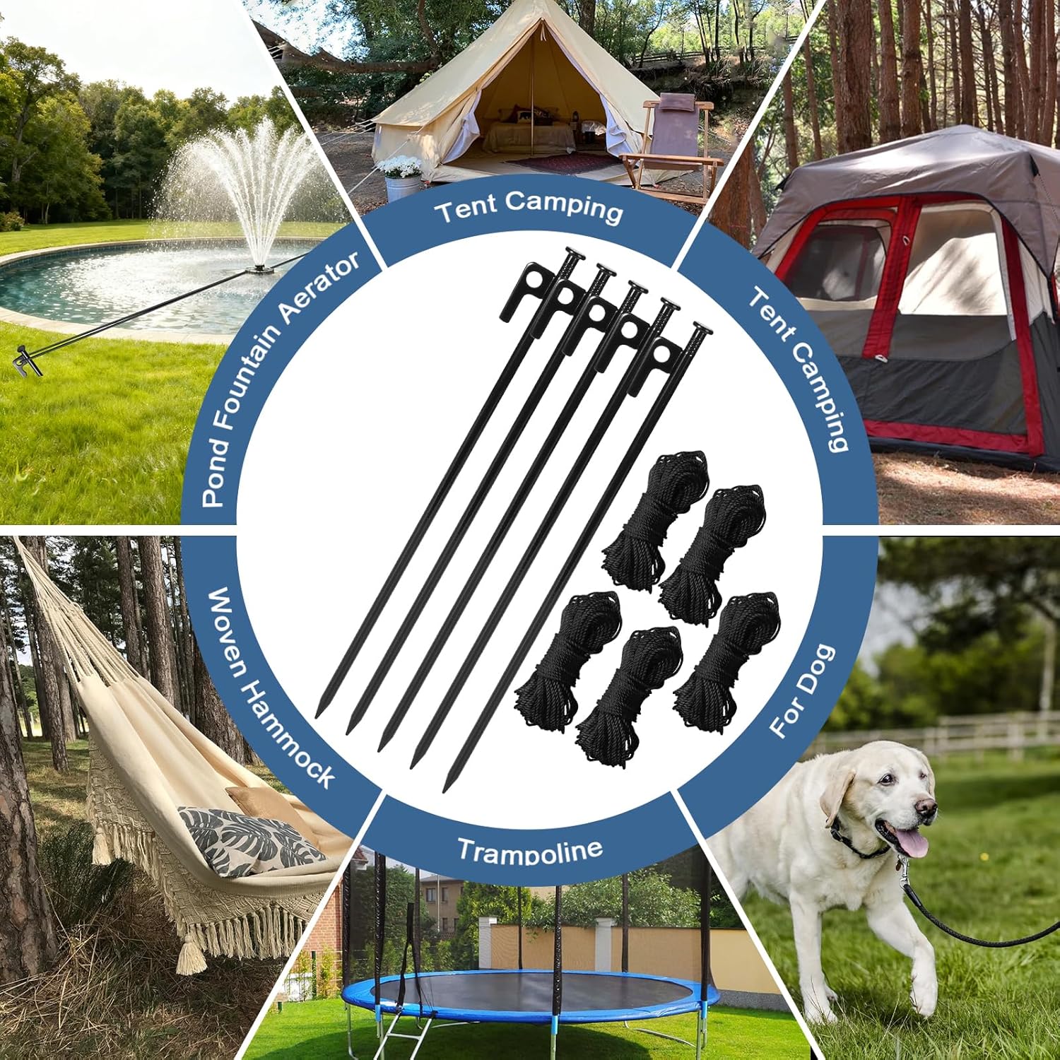 Pond Fountain Aerator Installation Accessories: 5 Metal Ground Stakes and 5 101-foot Braided Nylon Guy Ropes with Stakes and Ropes, Suitable for Camping Tents, awnings, and Fountain aerators