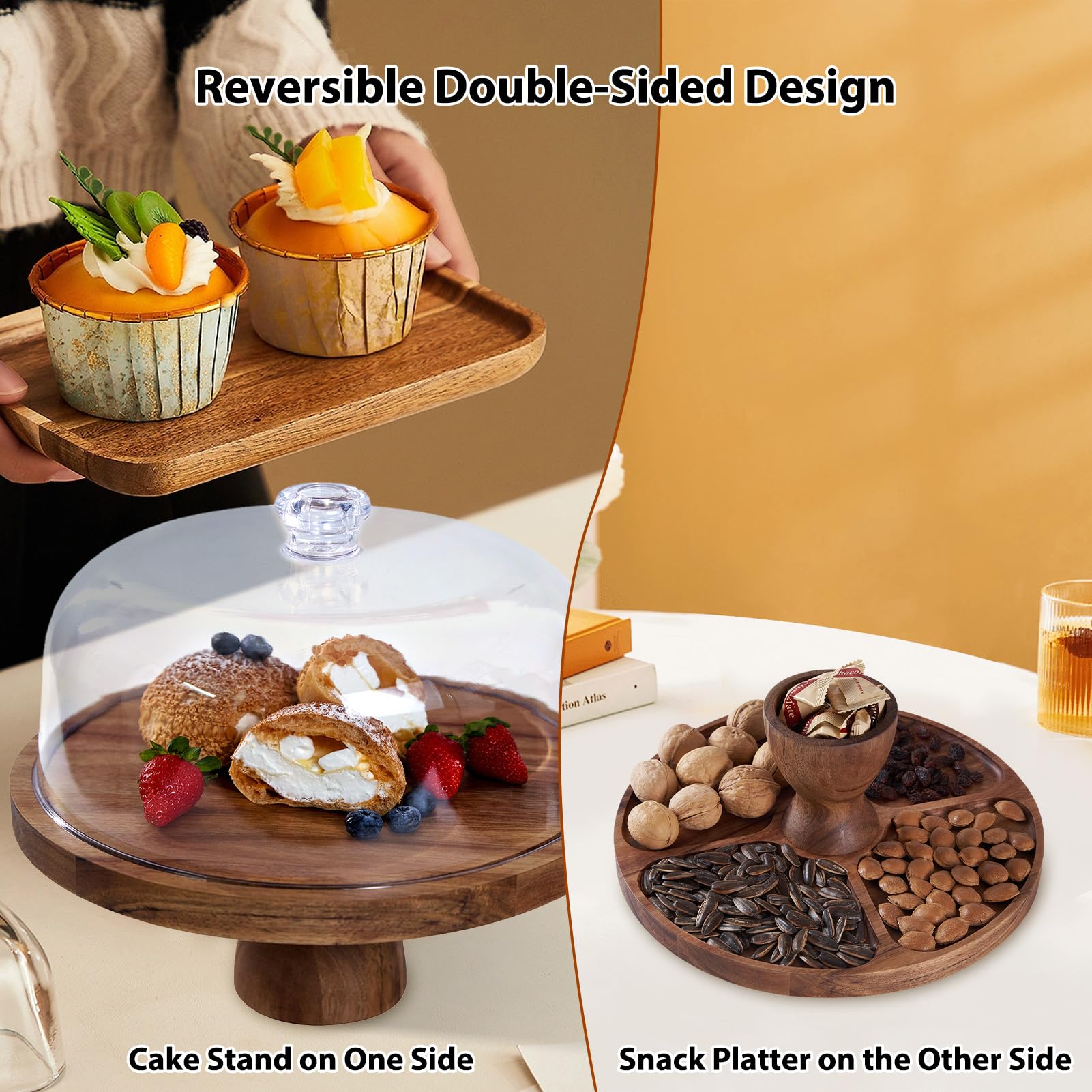 Buachois Soporte para Pasteles con Tapa y Patas, Ø 30 cm / 12 Pulgadas Pastel Tapa, Madera 2 en 1 Mesa de Doble Plaón de Charcutería de Redondo de Postres con Cúpula para Bandeja de Queso y Frutas