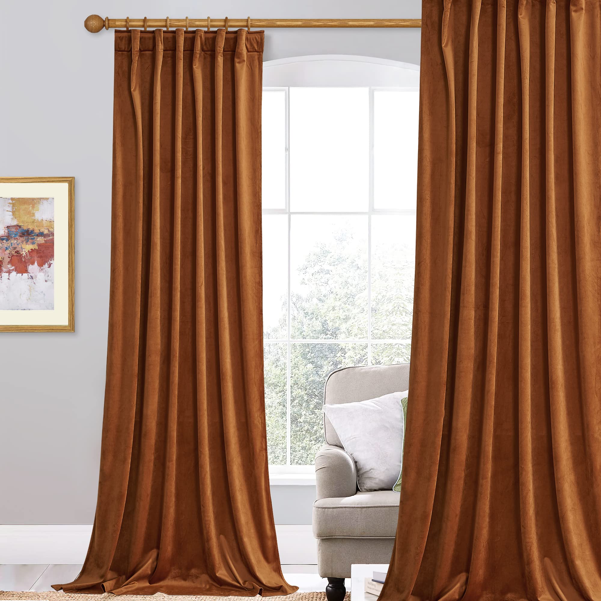 StangH Burnt Orange Curtains 108 inches Long, Heavy Thick Velvet Soundproof Window Drapes for Room Dividers Living Room, Holiday Backdrops, W52 x L108